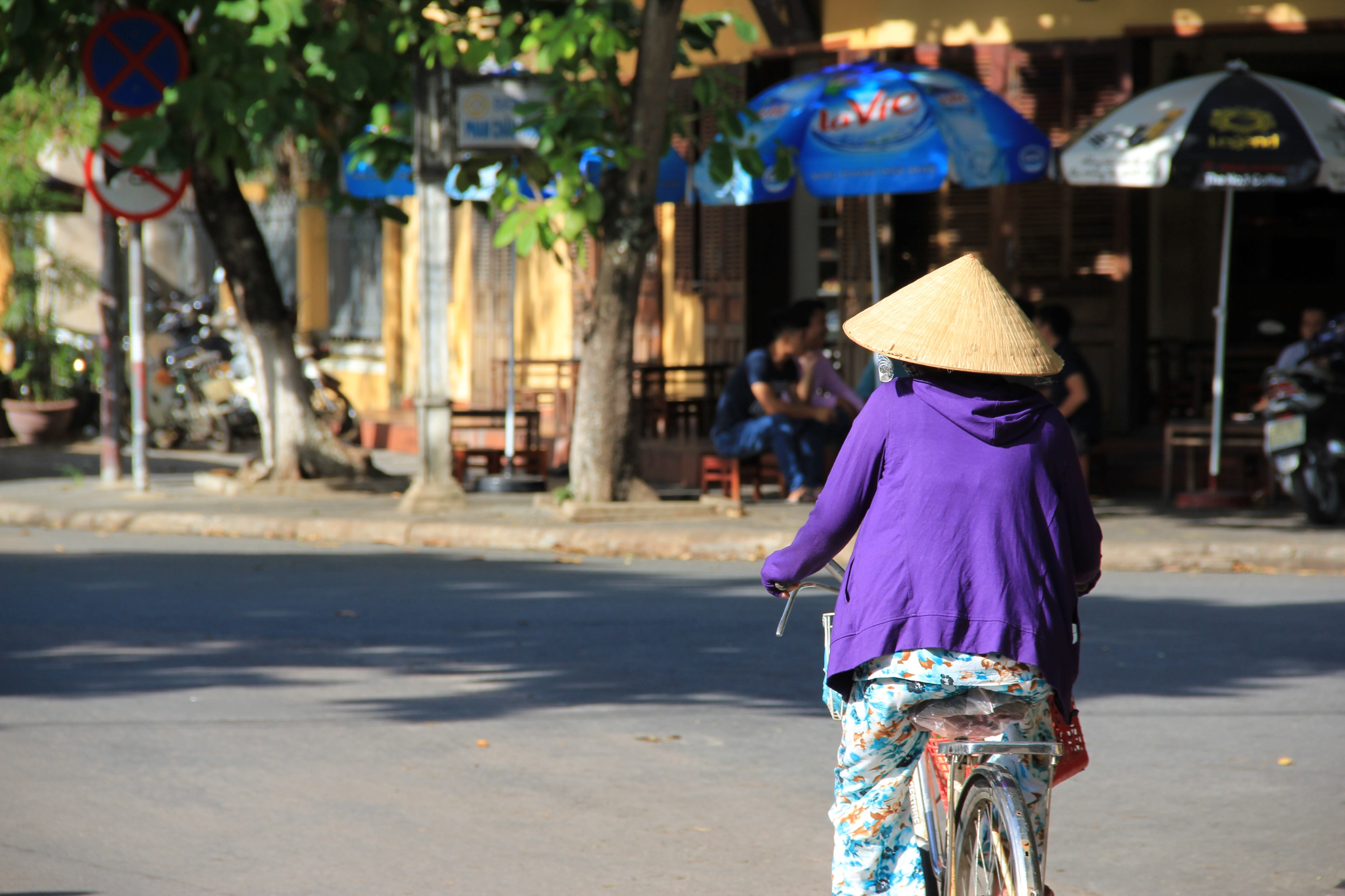 women, street, hat, vietnam, conical, clothing, day, rear view, indochina, transportation, architecture, asia, asian style conical hat, riding, real people, HD Wallpaper