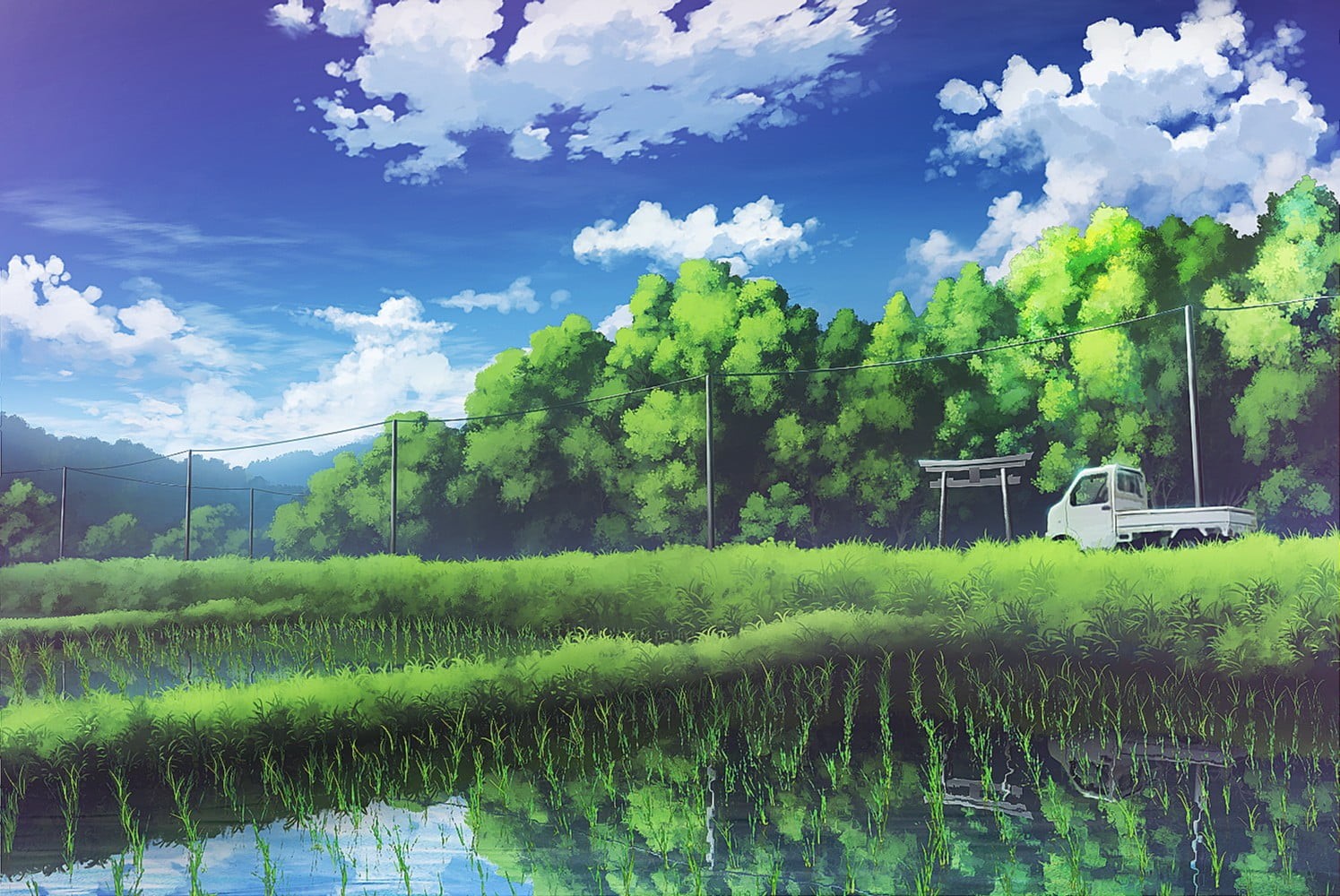 environment, tranquility, green color, day, crop, scenics - nature, painting, rural scene, rice paddy, tree, clouds, agriculture, land, sky, no people, HD Wallpaper