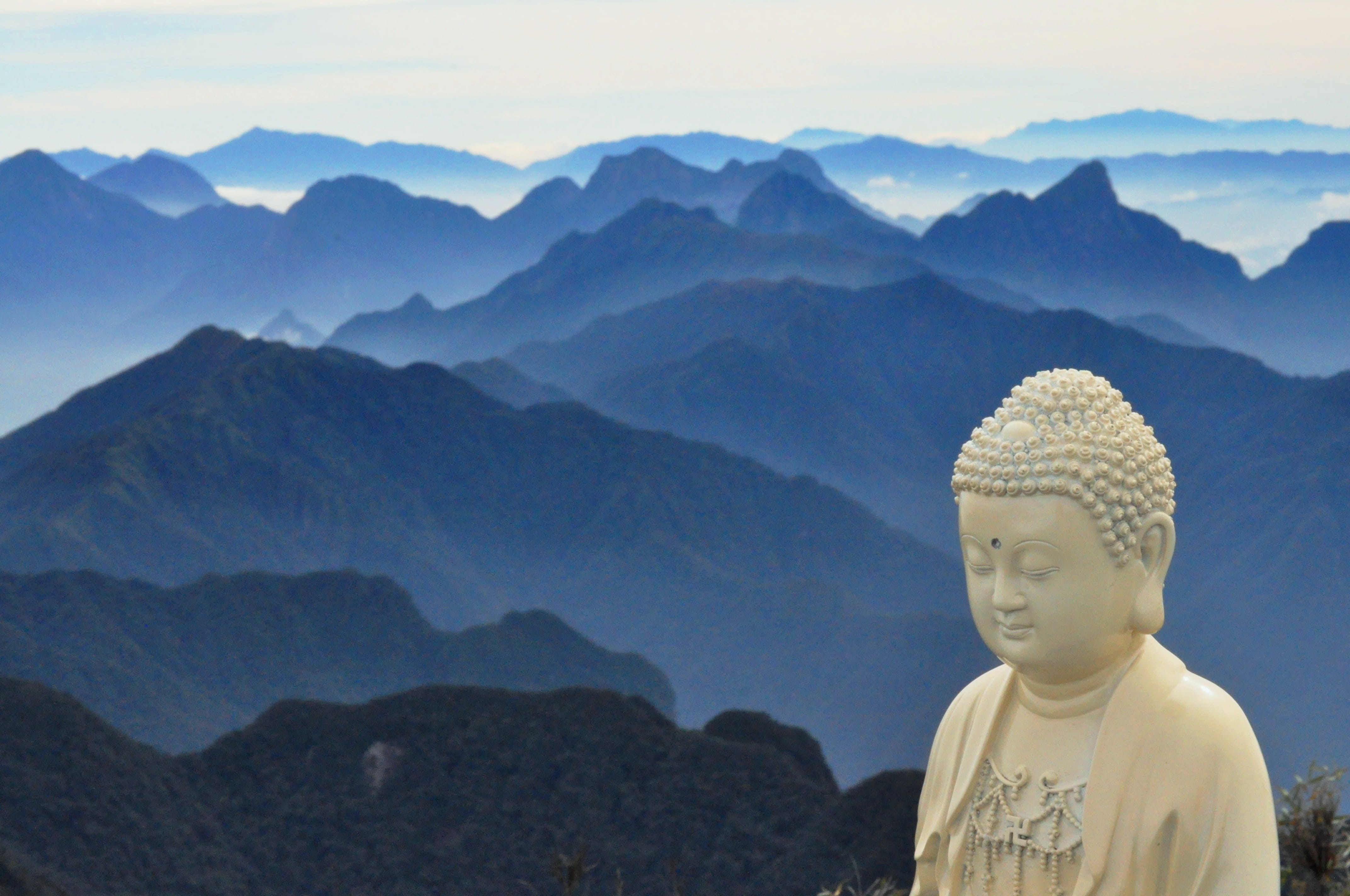 meditation, human representation, buddhism, idol, built structure, day, male likeness, 4K, no people, representation, Vietnam, blue, rest, Mountains, landscape, HD Wallpaper