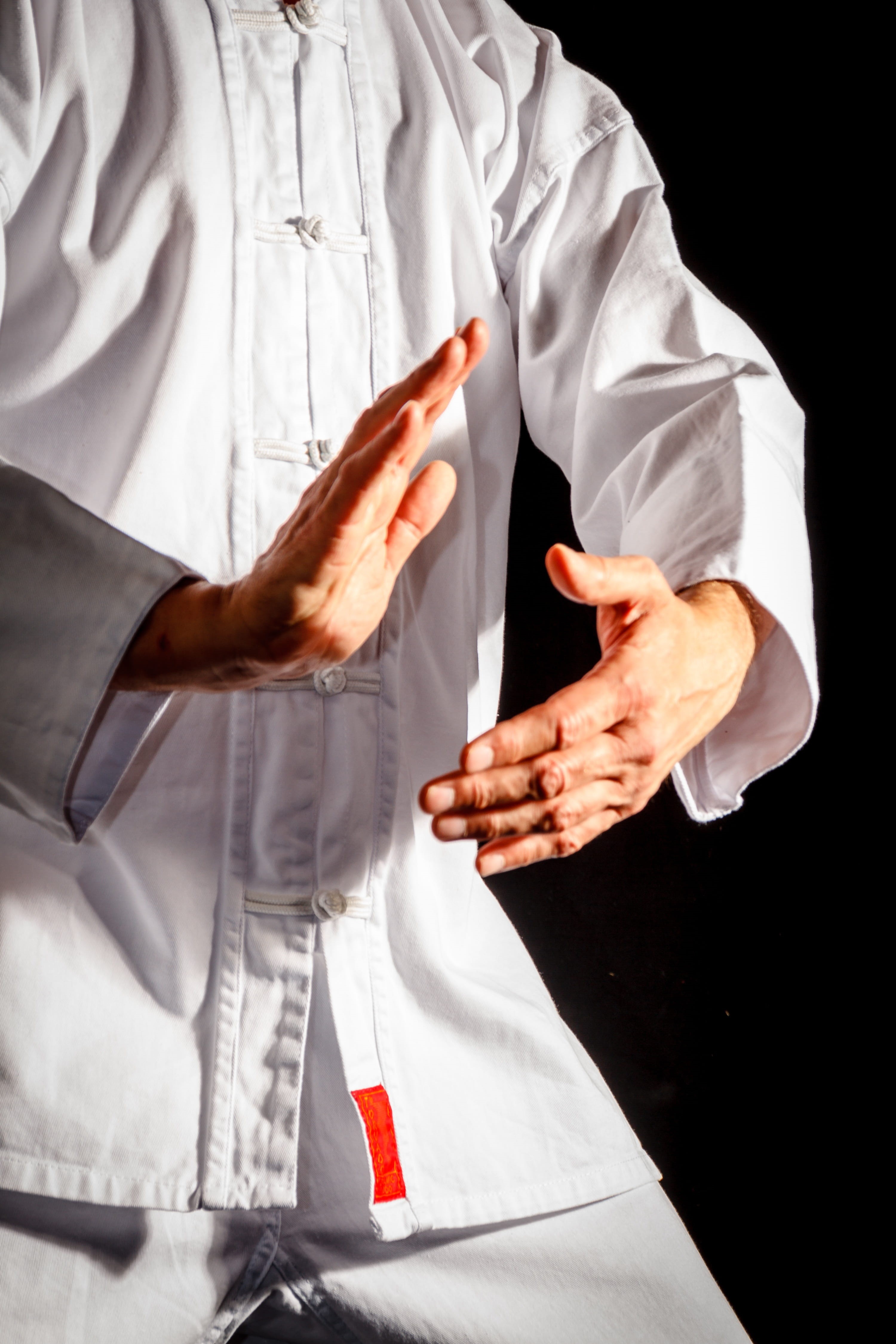 taiji hands, men, kung fu, lab coat, front view, indoors, serenity, clothing, midsection, relaxation, sport, button down shirt, 4K, asia, white color, Phone HD Wallpaper