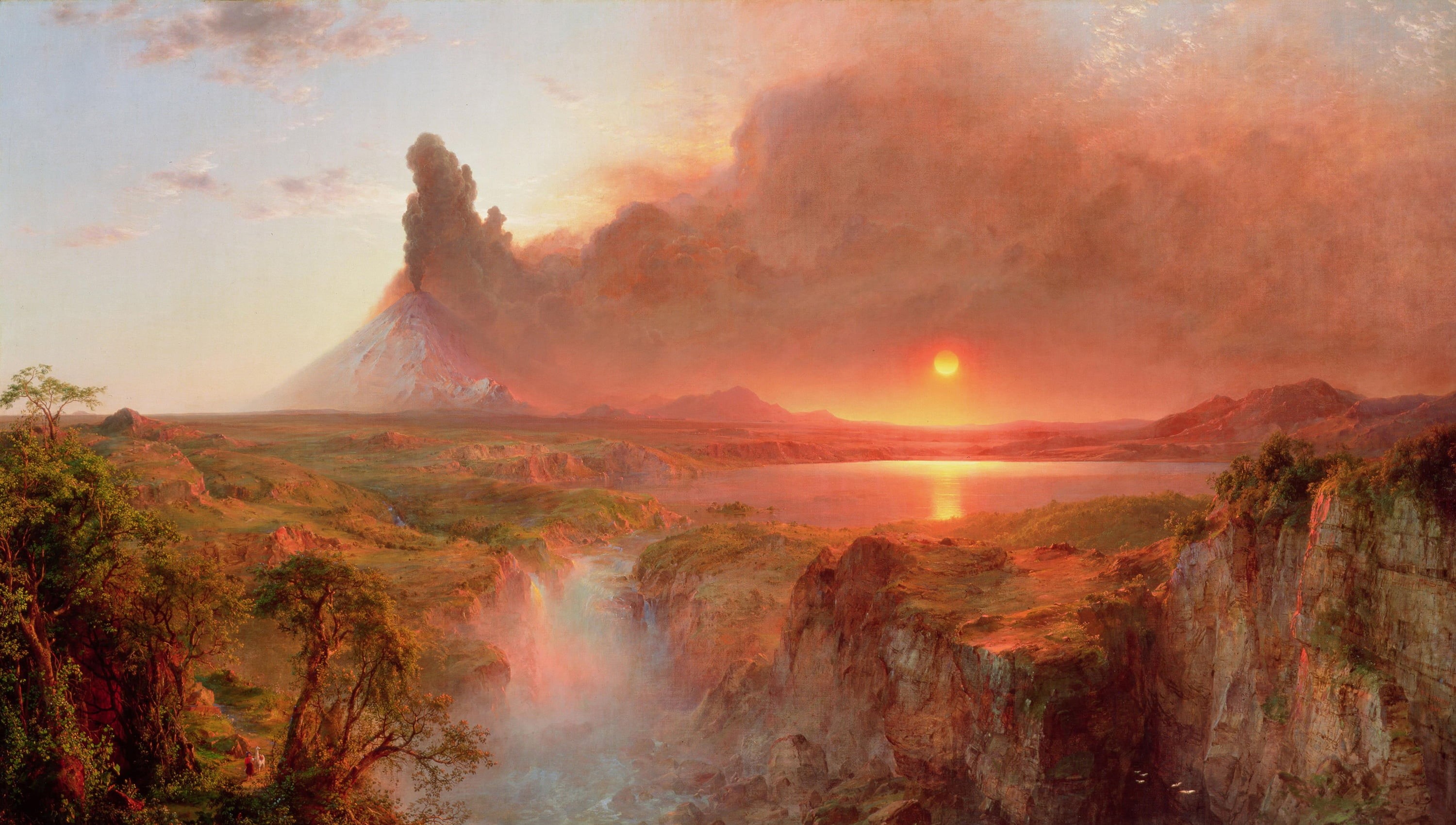 Cotopaxi, lake, the volcano, art, landscape, plain, the sun, figure, Frederic Edwin Church, 2K, trees, rocks, mountain, waterfall, stones, smoke, HD Wallpaper