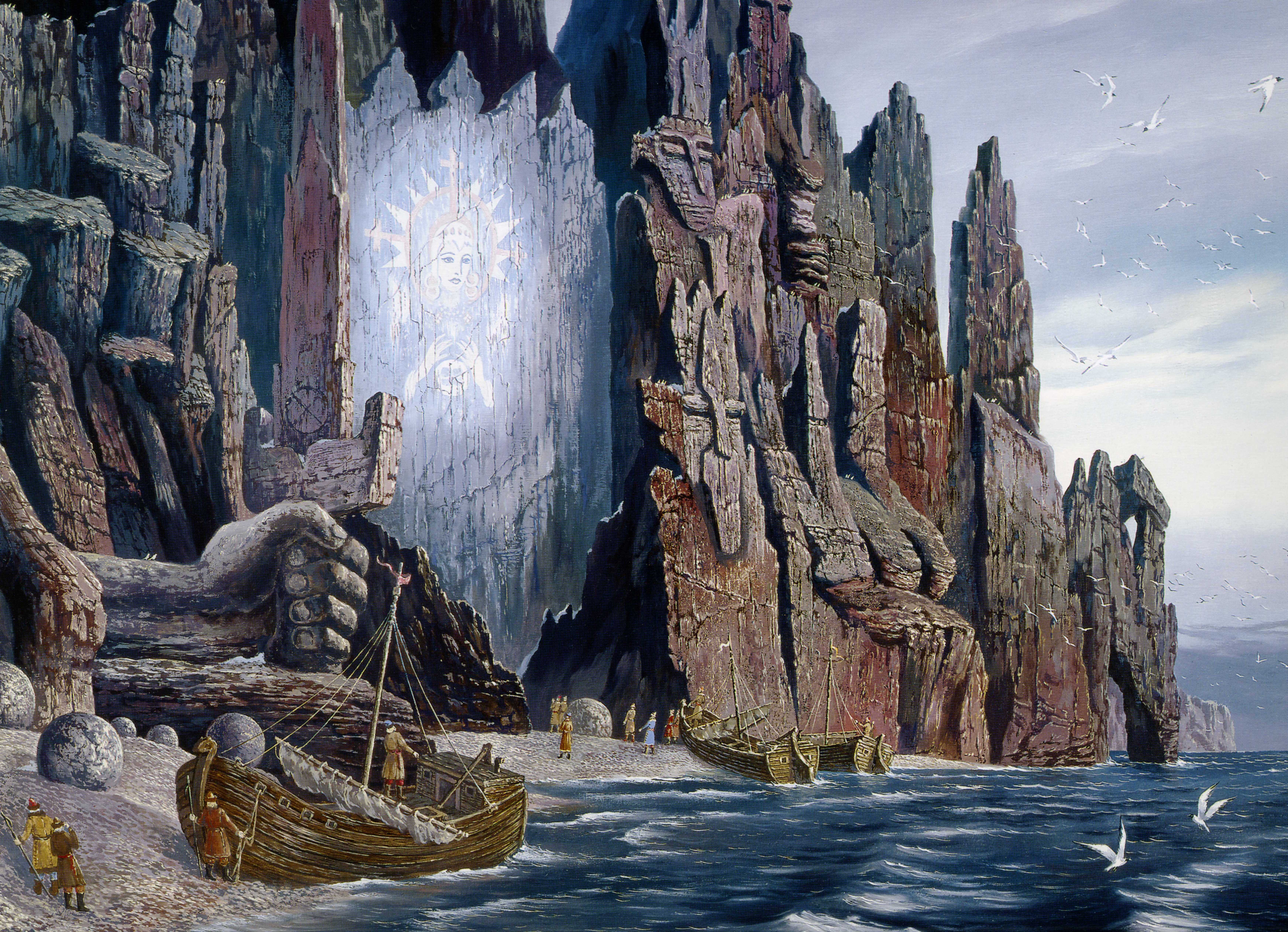 Vision Pomors goddess Hyperborea, boats, digital, open, rock, stone balls, front, Russian folklore, seagulls, the figure of the Goddess, painting, mountain, HD Wallpaper