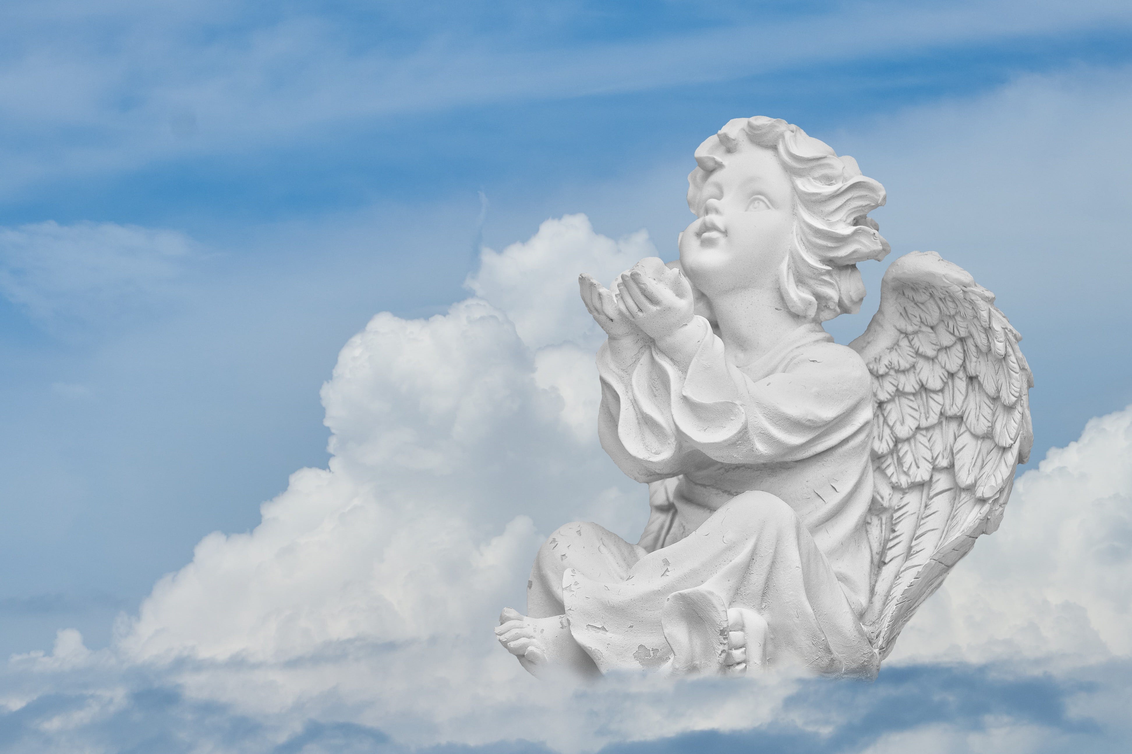 no people, belief, art and craft, blue, sculpture, blue sky, composing, peaceful atmosphere, clouds form, beautiful, statue, spirituality, sky, day, white color, HD Wallpaper
