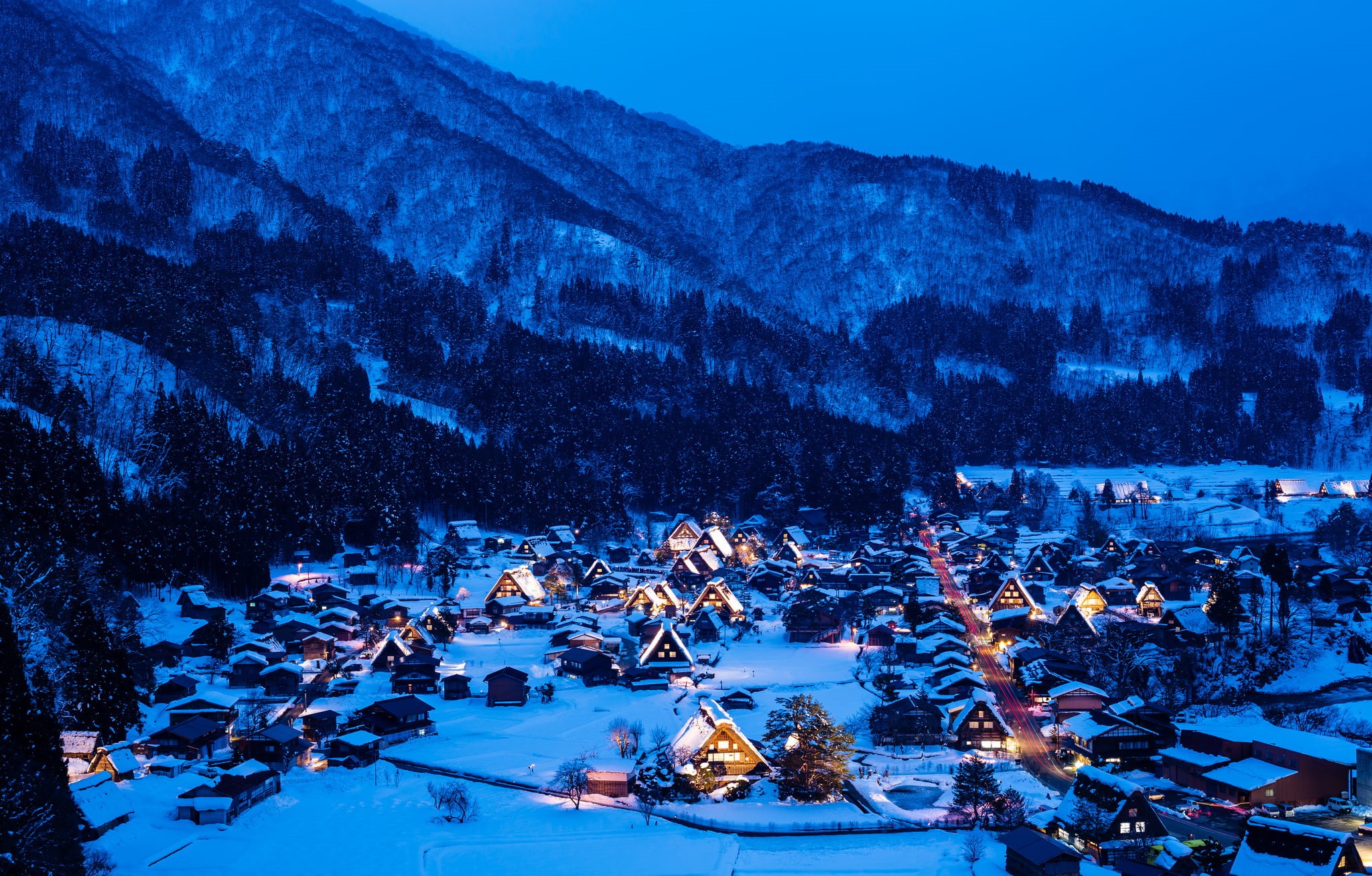 mountains, home, non-urban scene, snow, mountain range, scenics - nature, architecture, blue, outdoors, overview, cold temperature, black, high angle view, HD Wallpaper