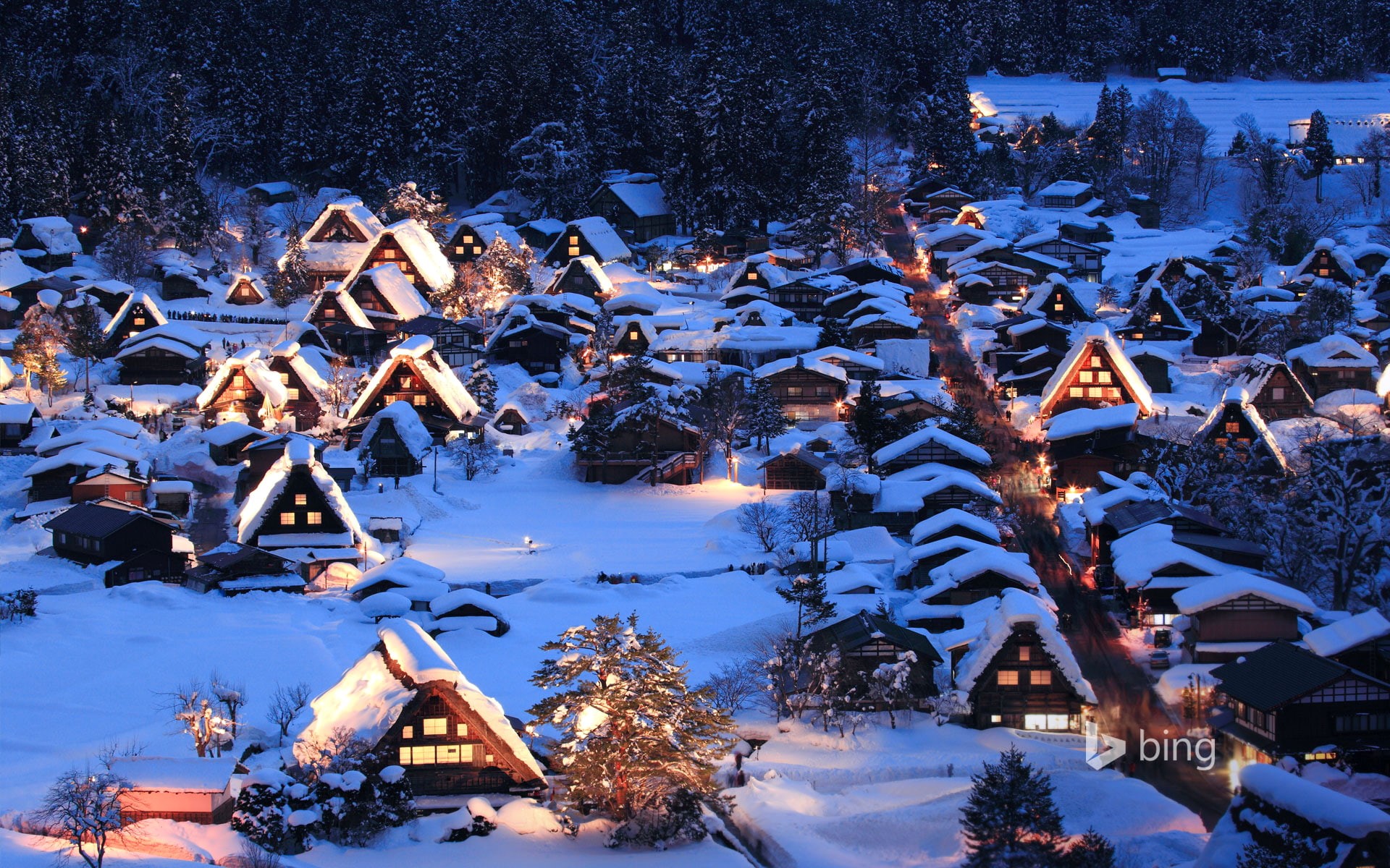 1080P, lights, night, snow, Japan, Gokayama, the island of Honshu, Shirakawa-go, valley, winter, HD Wallpaper
