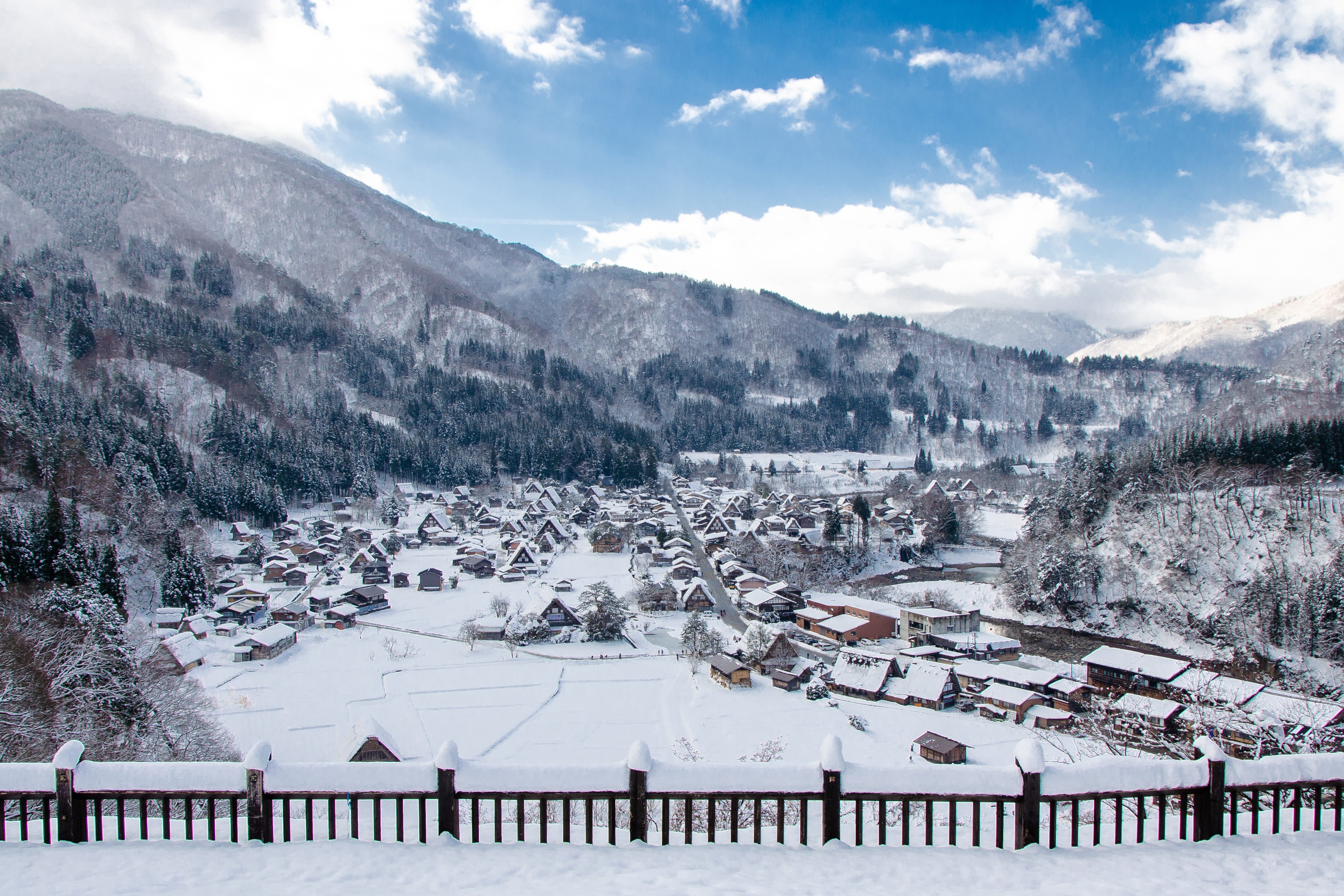 traditional, mountain range, building exterior, timber, beauty in nature, village, snowcapped mountain, shirakawa-go, winter, cloud - sky, scene, old, cottage, HD Wallpaper