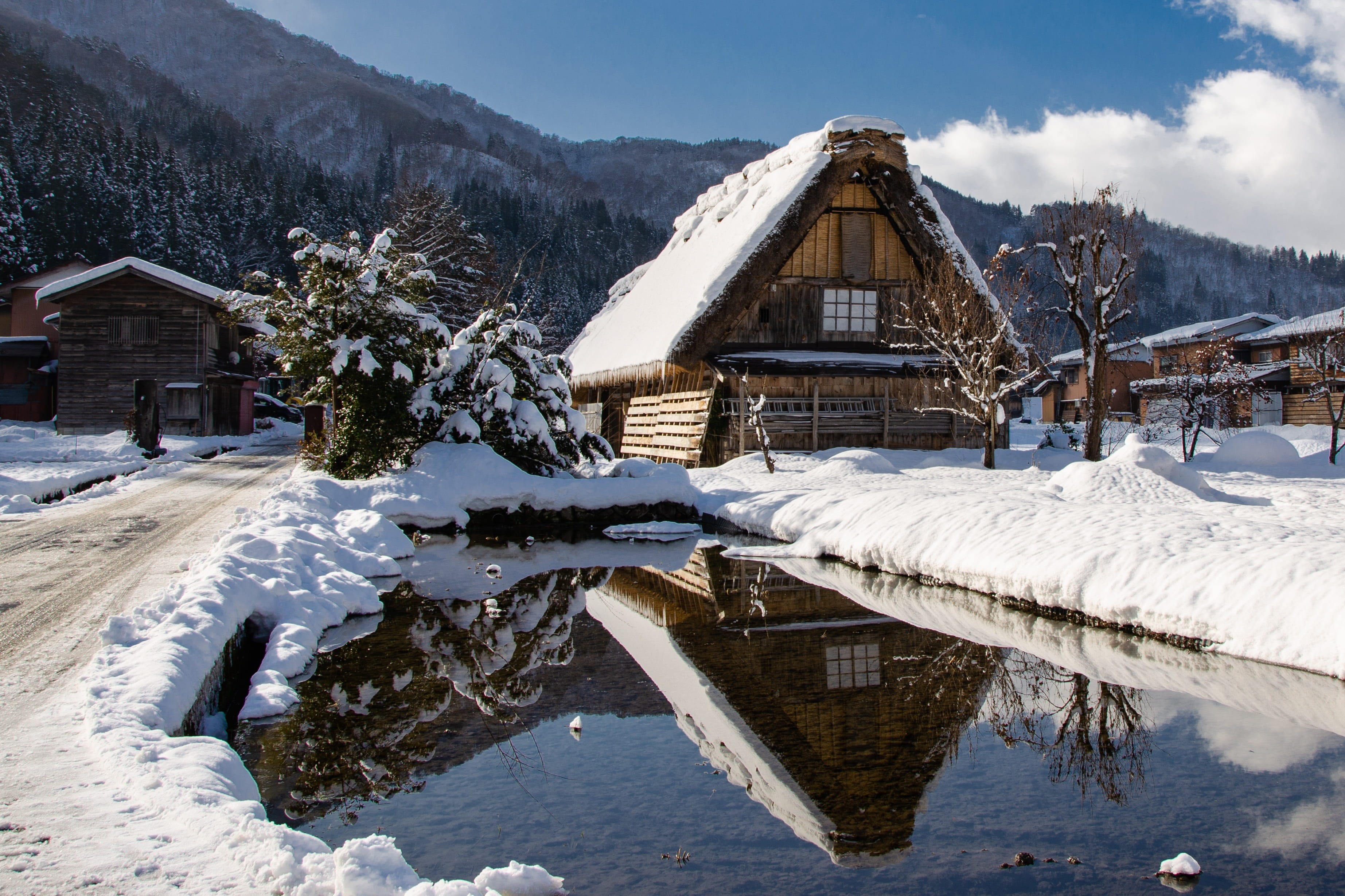timber, japan, snow, gifu, village, winter, nature, tree, built structure, thatch, frozen, heritage, culture, farmhouse, lake, building exterior, reflection, HD Wallpaper