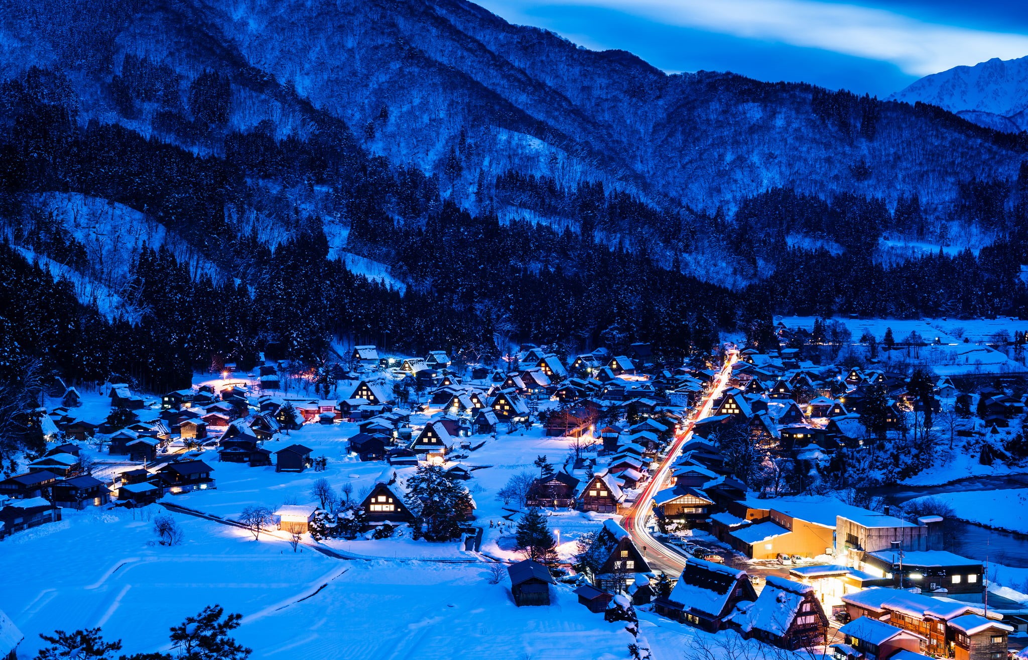 high angle view, no people, built structure, plant, mountains, white, night, valley, winter, Japan, mountain, home, landscape, Gokayama, snowcapped mountain, HD Wallpaper