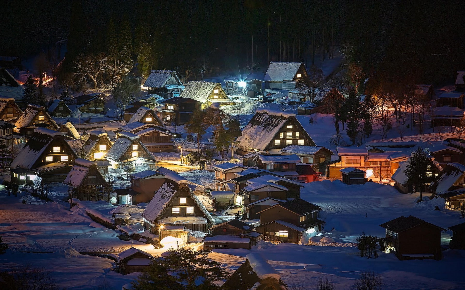 architecture, built structure, christmas decoration, snow, high angle view, christmas, illuminated, landscape nature village lights japan snow winter night trees house shirakawa go, HD Wallpaper