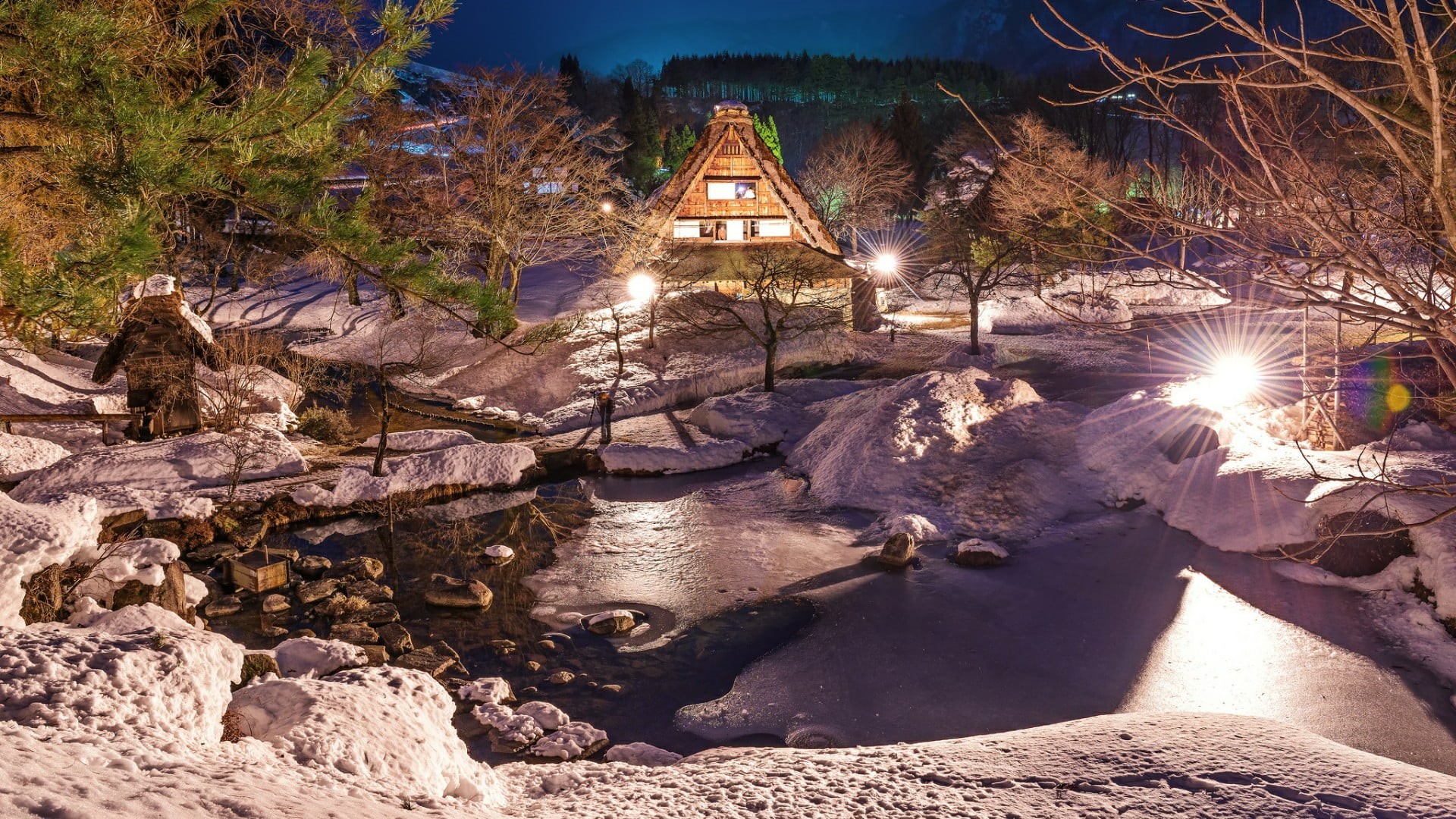 land, unesco world heritage, bridge, japanese, gifu, shirakawa, japan, illuminated, tree, mountain village, winter, sunlight, building, built structure, HD Wallpaper