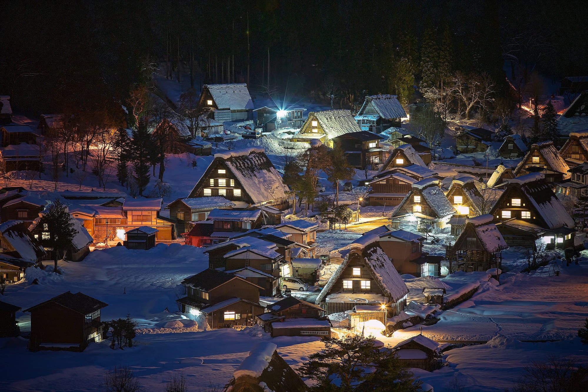1080P, icicles, landscape, lighting, the snow, home, village, the evening, winter, snow, Japan, trees, Shirakawa-go, forest, nature, HD Wallpaper