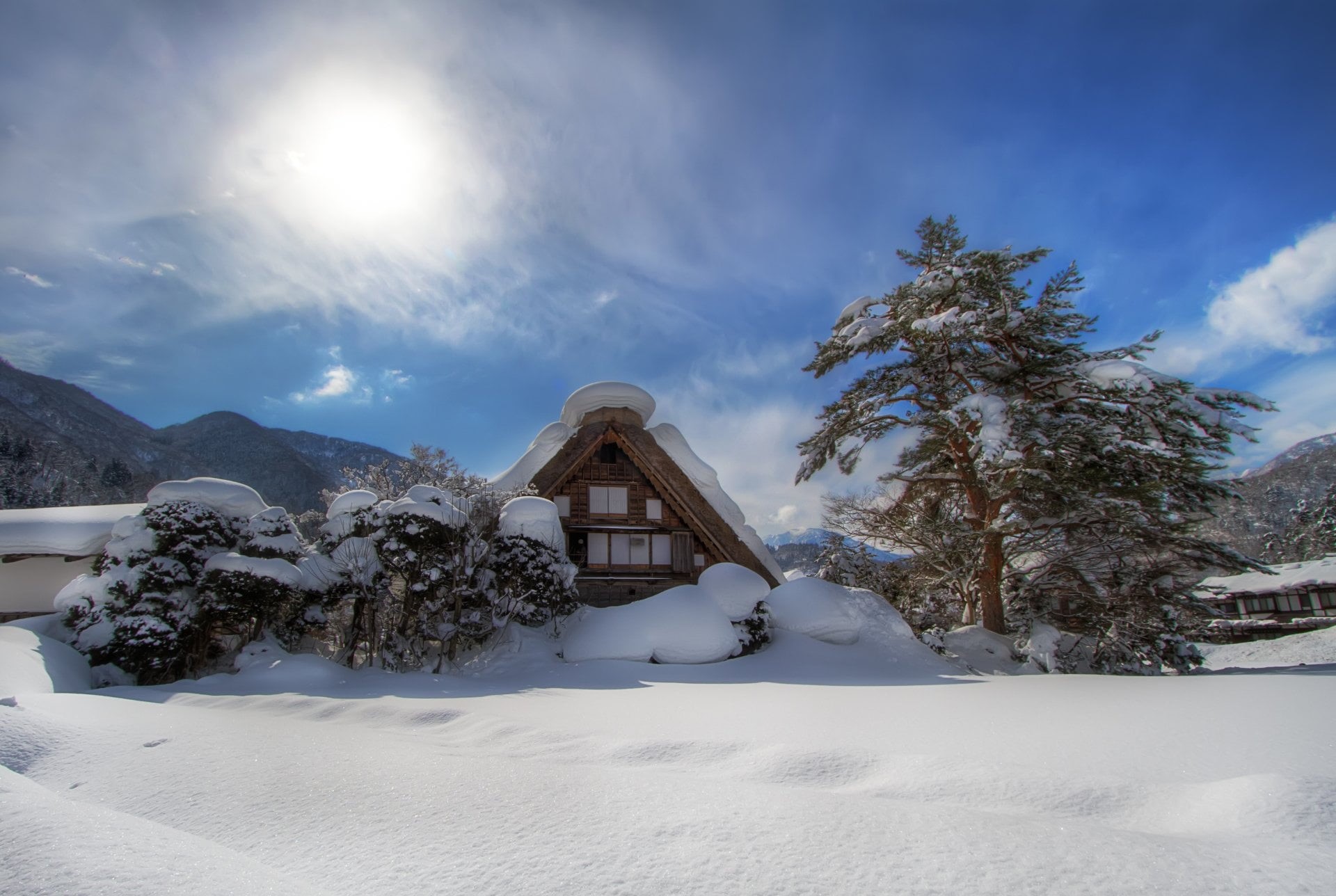 architecture, outdoors, 1080P, nature, house, Village, Man Made, cloud - sky, snowcapped mountain, building exterior, Snow, plant, white color, scenics - nature, HD Wallpaper