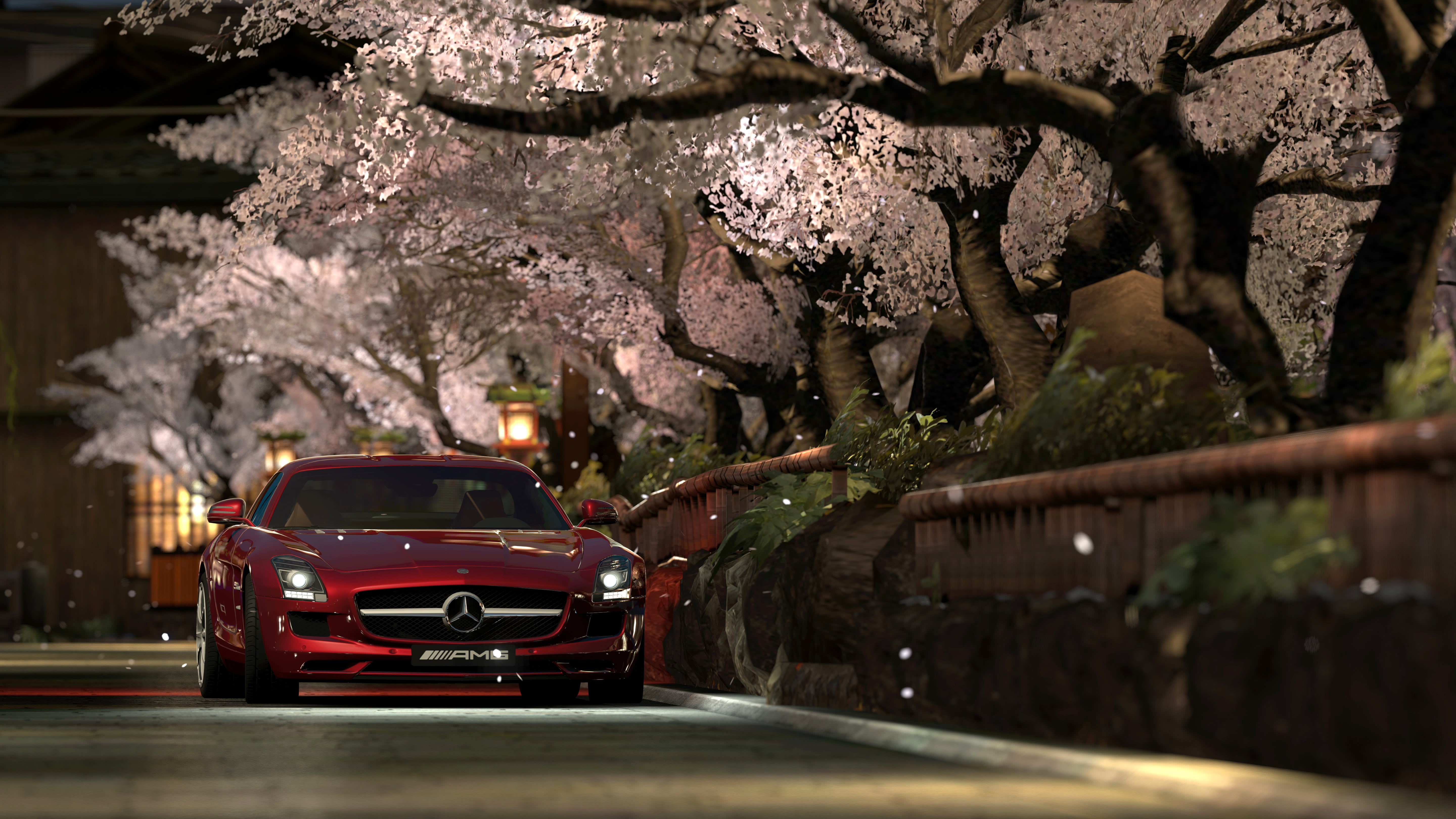 mode of transportation, city, plant, night, tree, red, transportation, road, freshness, motor vehicle, on the move, benz, mercedes, illuminated, growth, HD Wallpaper