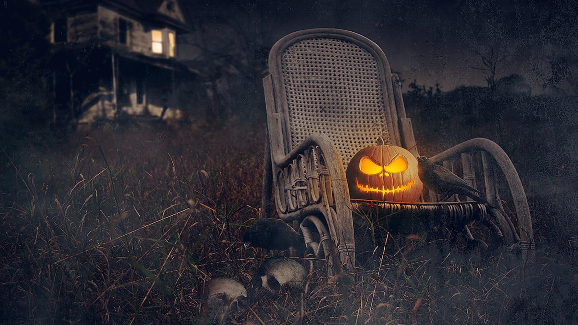 chair, halloween, garden, 1080P, skull, skulls, light, pumpkin, celebration, pumpkin lantern, armchair, rocking chair, lantern, HD Wallpaper