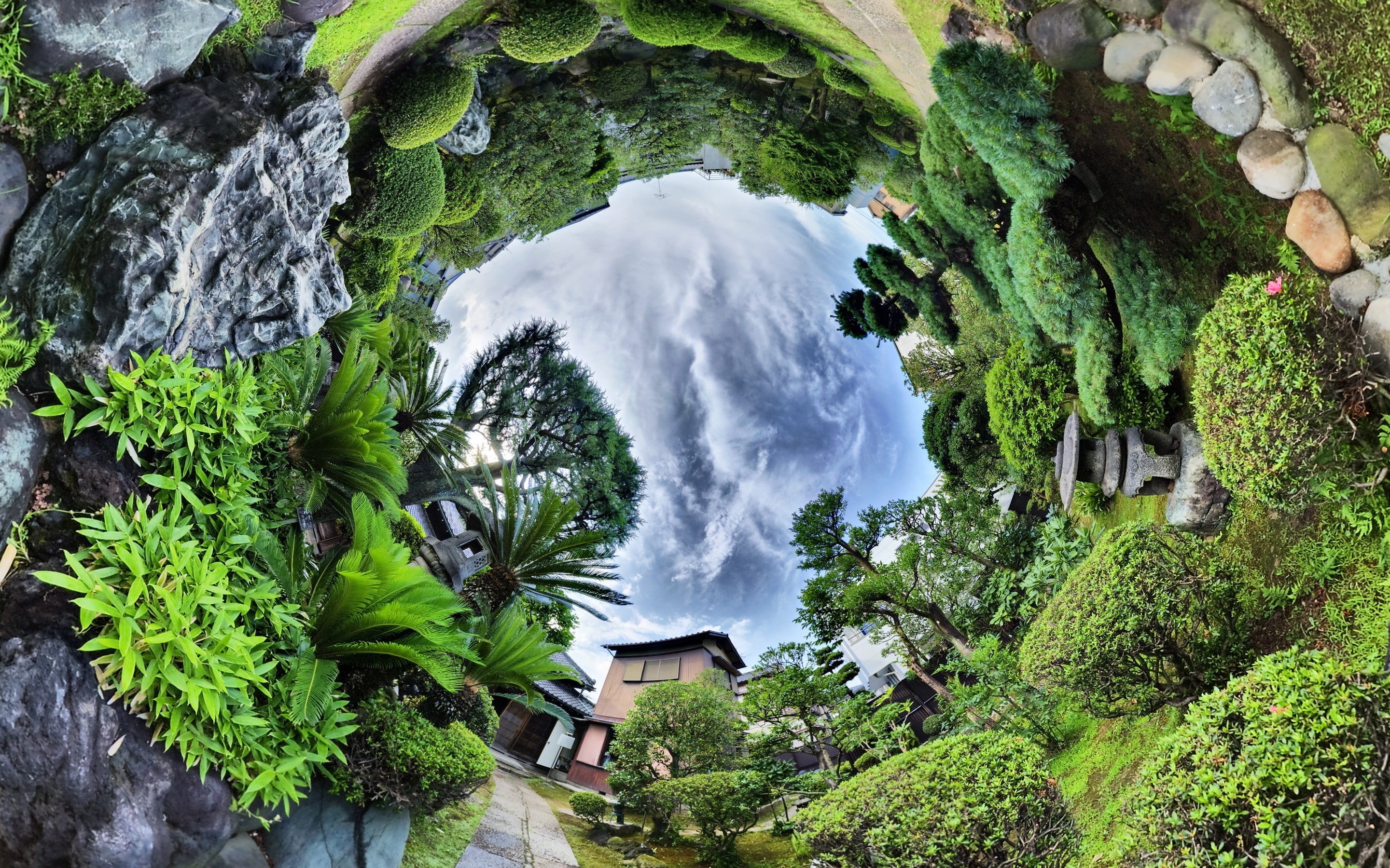 long exposure, no people, mountain, tranquil scene, clouds, 2K, panoramic sphere, plant, waterfall, plants, HDR, motion, rock, palm trees, fisheye lens, HD Wallpaper