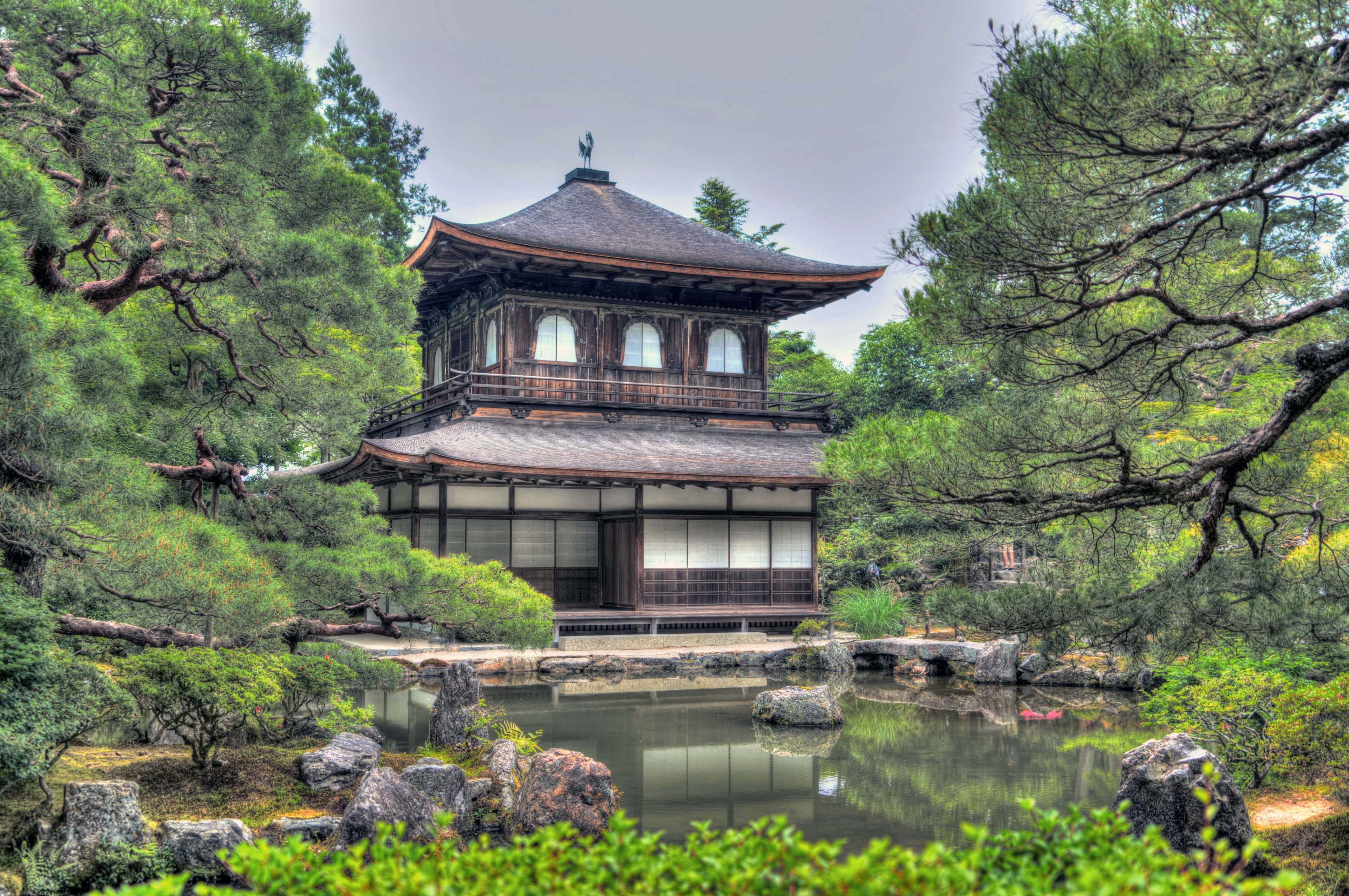 lake, outdoors, ginkaku ji temple, built structure, japanese, water, 4K, place of worship, belief, park, spirituality, traditional, kyoto, japan, waterfront, HD Wallpaper