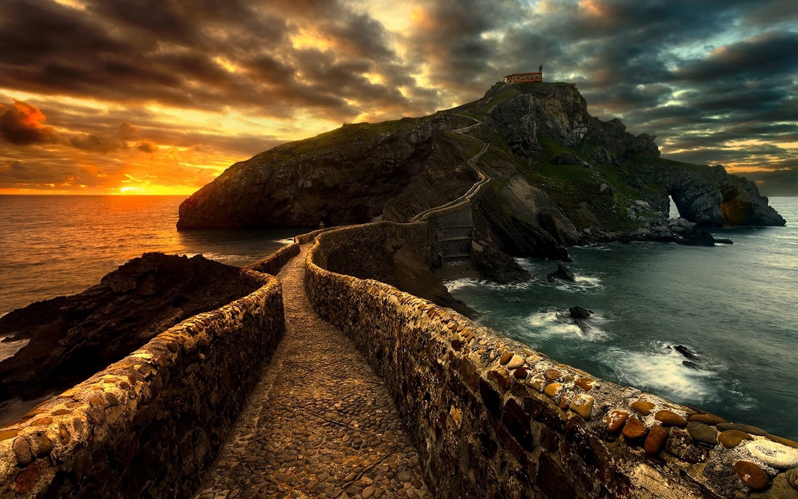 path, temple, horizon over water, cloud - sky, 720P, idyllic, solid, walkway, brown, rock, rock - object, sea, stone, clouds, horizon, Pais Vasco, sunset, HD Wallpaper