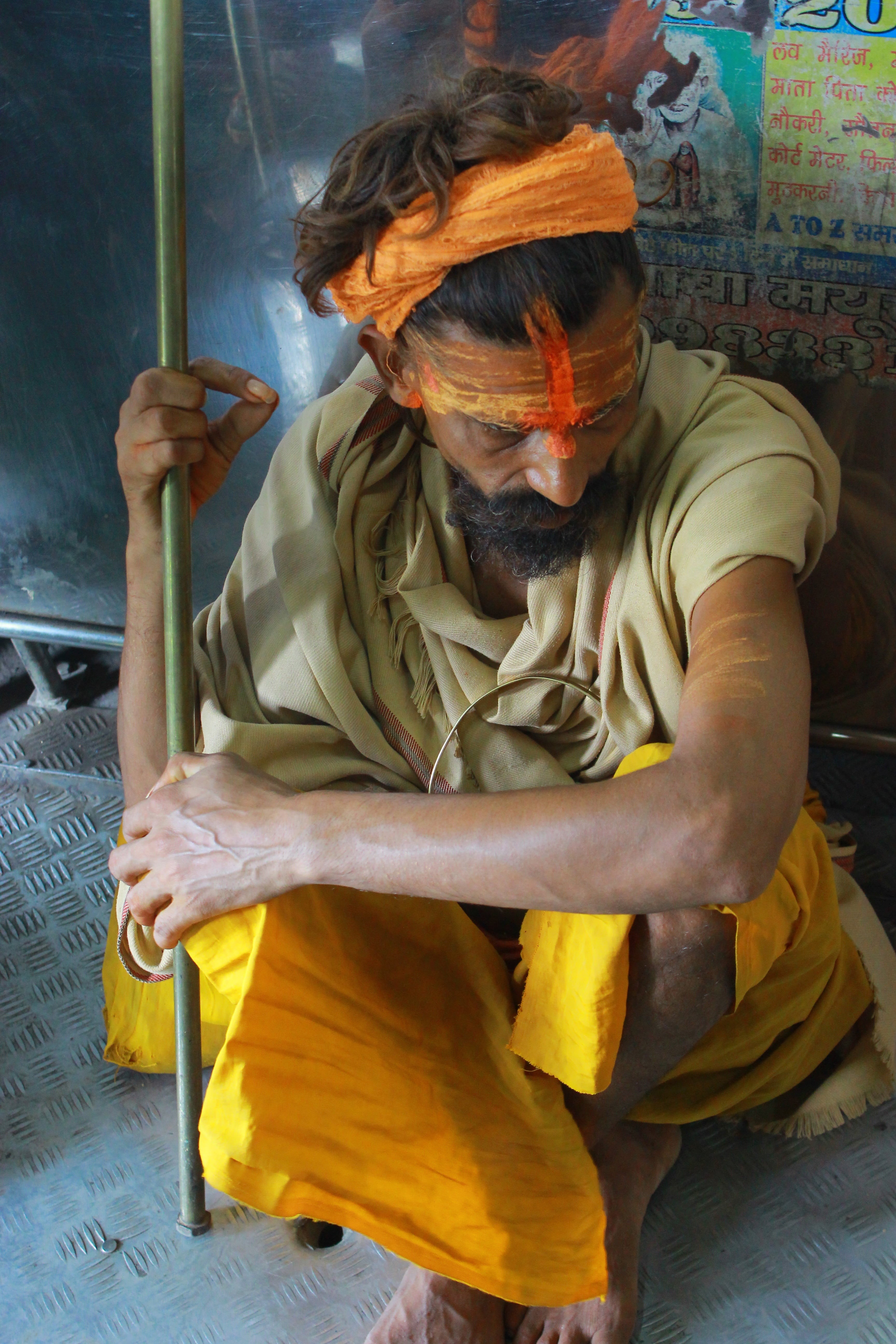 yogi, traditional clothing, religion, hinduism, culture, traditional, three quarter length, adult, yellow, people, sitting, monk, sadhu, holy, males, 5K, Phone HD Wallpaper