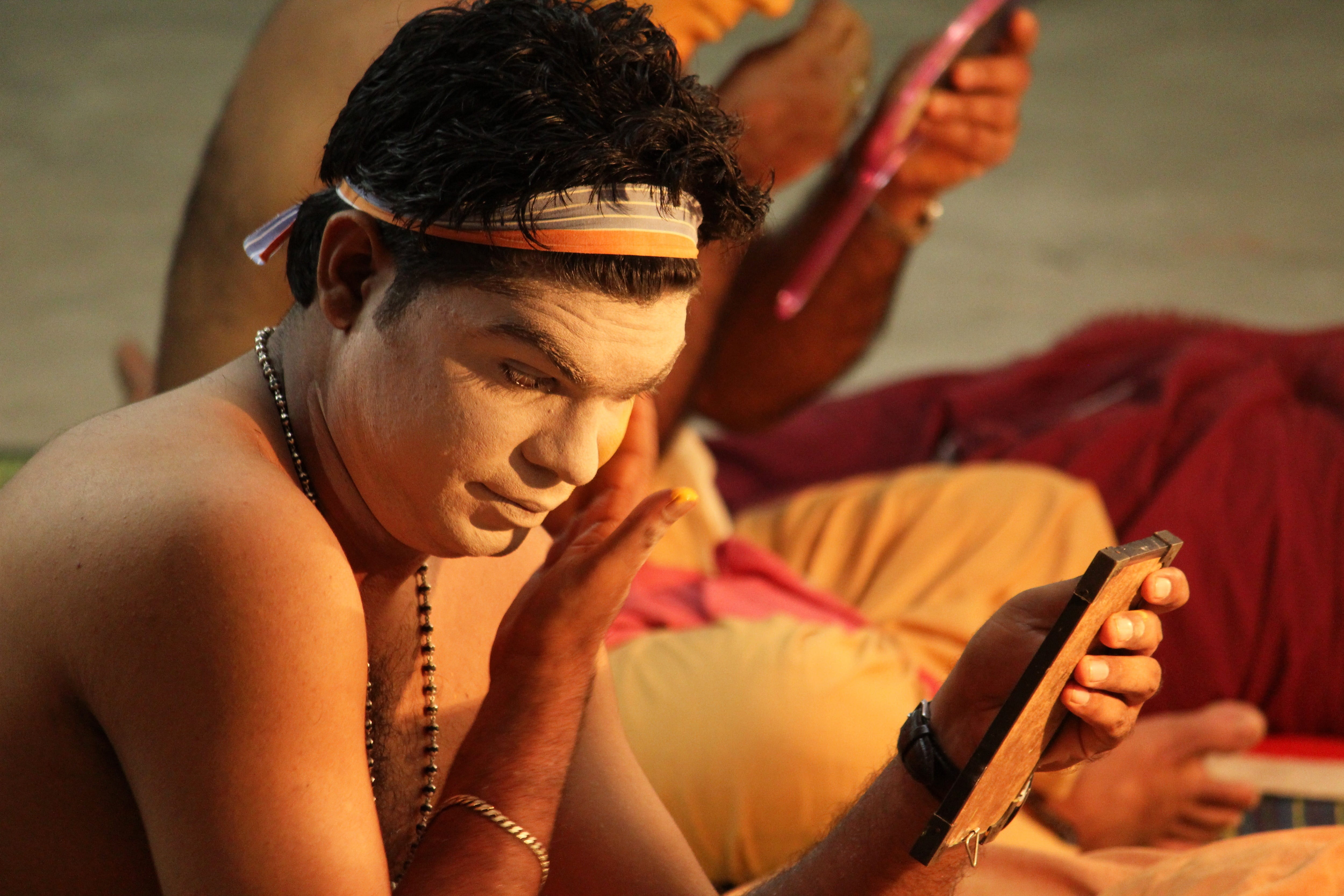 male, celebration, communication, people, one person, adult, festival, character, recreation, smile, kathakali, yellow, wireless technology, guru, traditional, HD Wallpaper