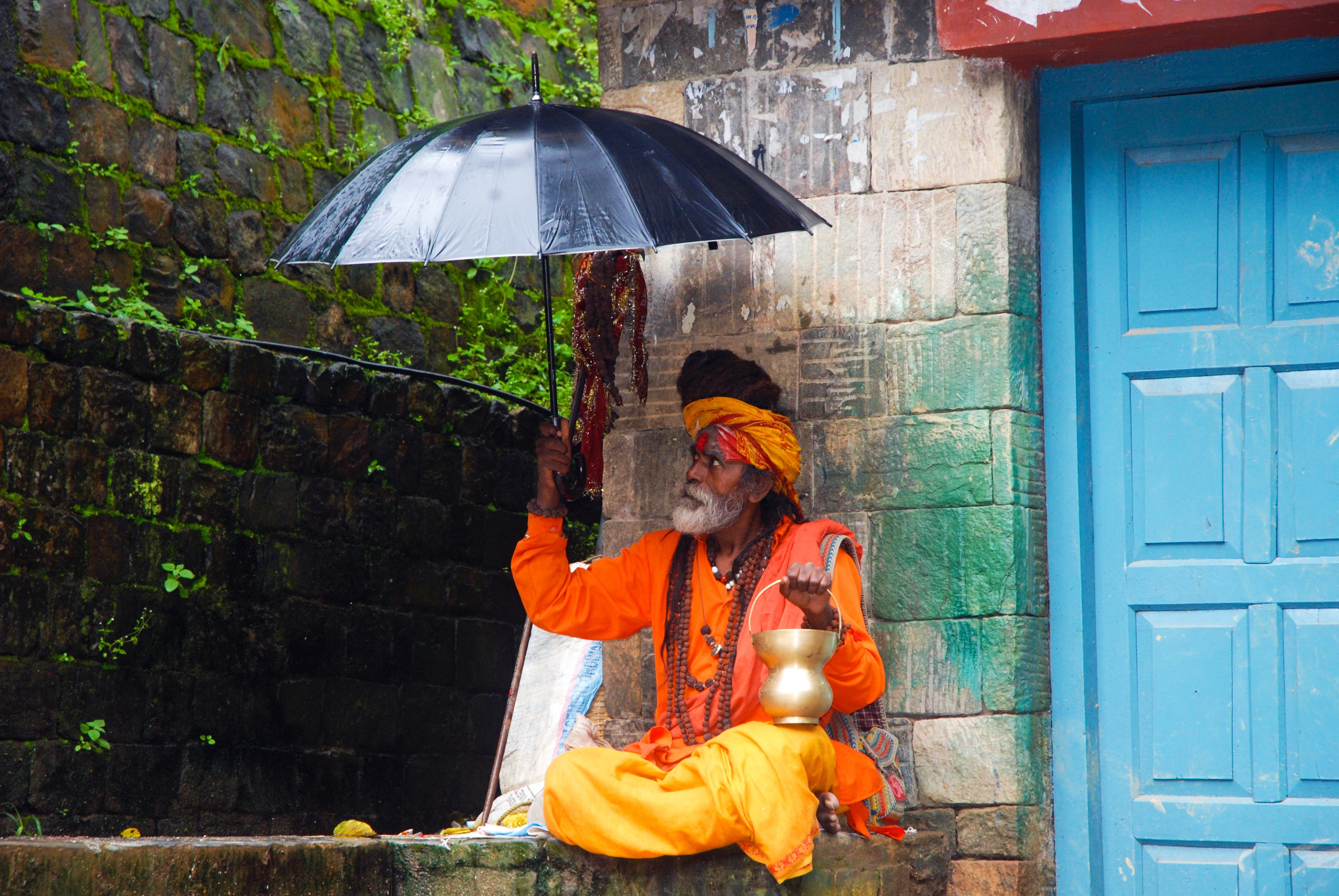 built structure, man, day, one person, entrance, nepal, outdoors, rear view, umbrella, holding, door, hinduism, security, real people, religion, protection, HD Wallpaper