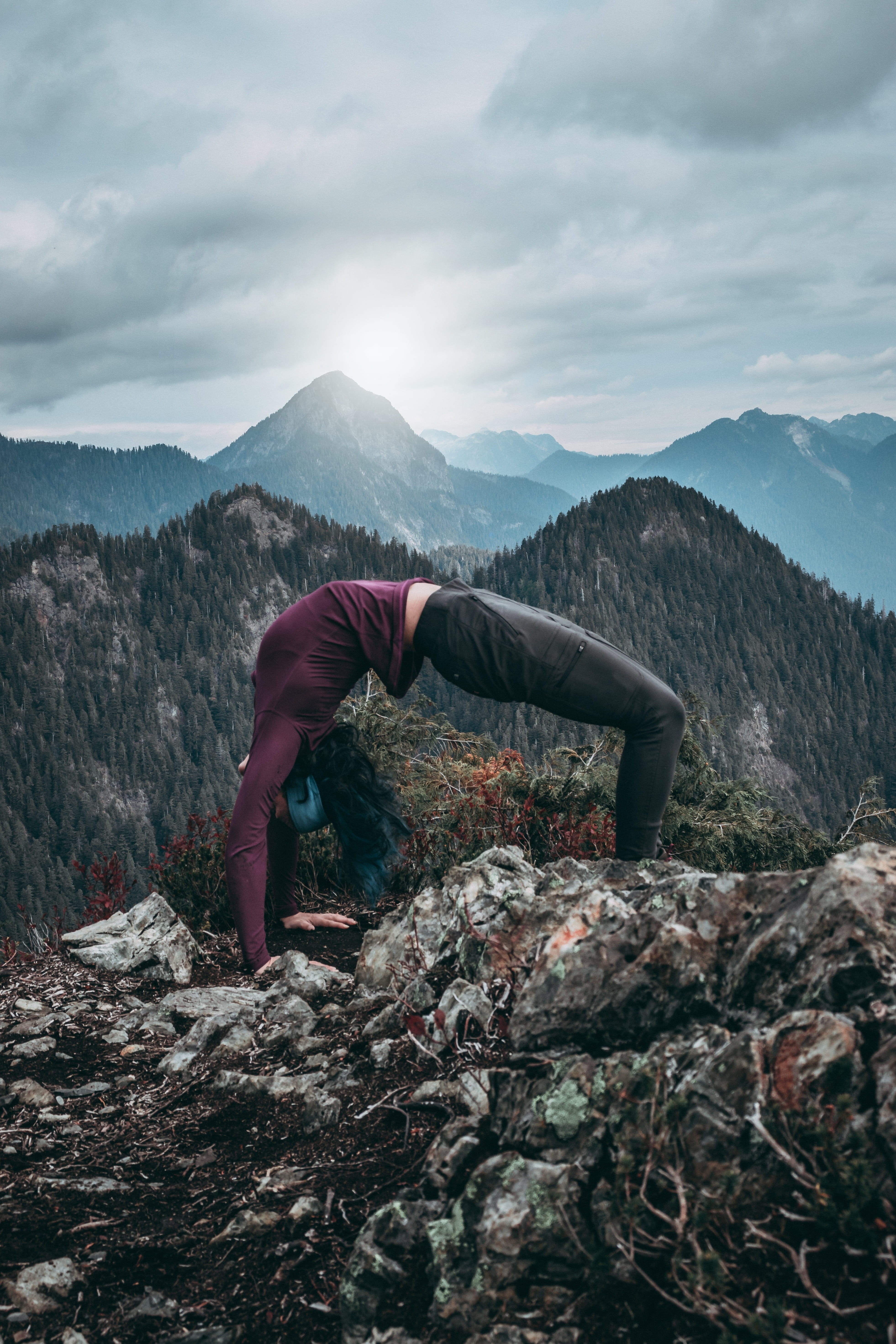 woman, forest, mountains, wheel pose, healthy lifestyle, one person, day, real people, peak, scenics - nature, back, rocks, trees, tranquil scene, full length, Phone HD Wallpaper