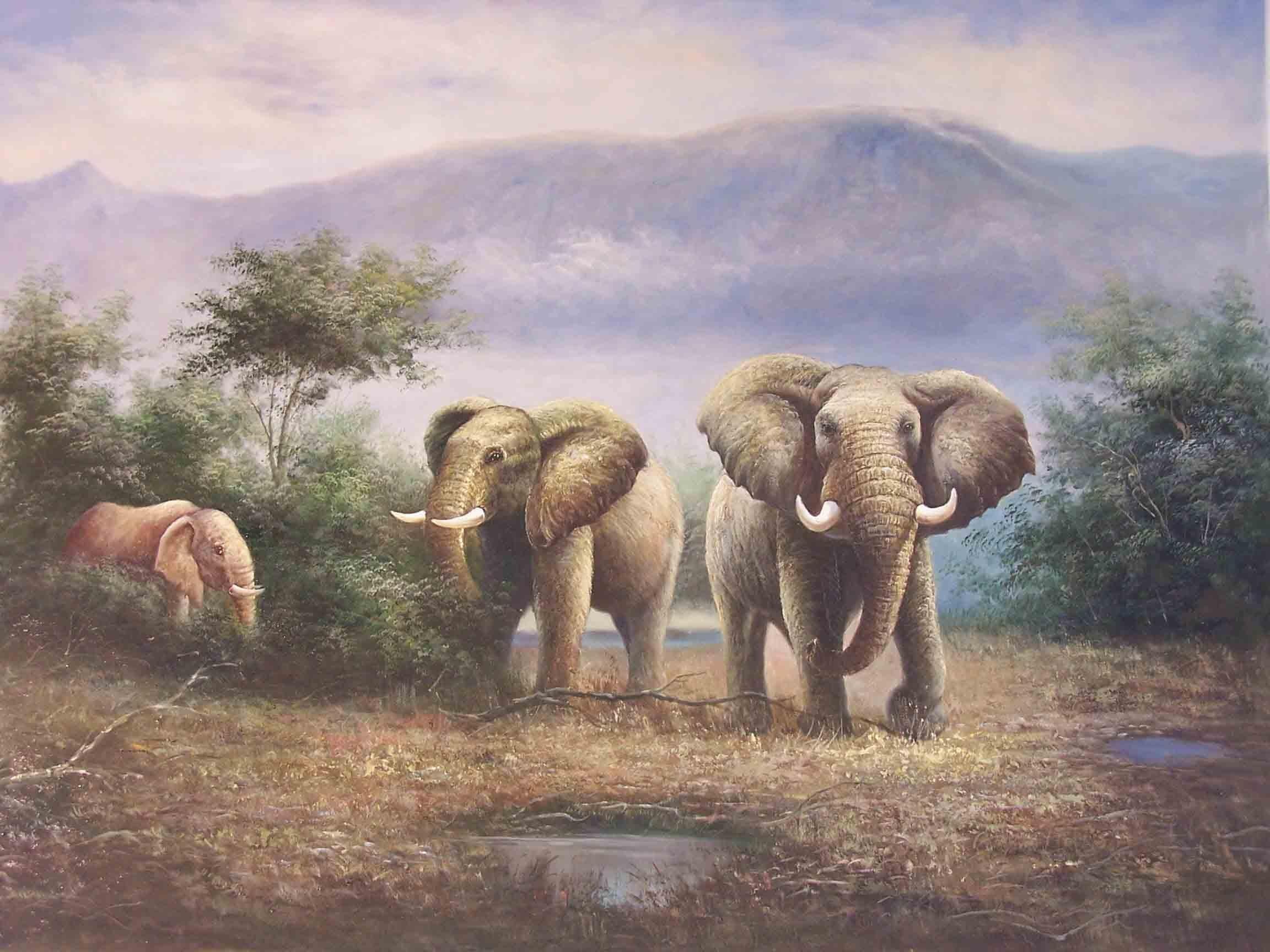 wild, trees, mother, painting, tusk, animals, africa, mountains, magnificence, elephants, beautiful, realism, skin, babies, 1080P, HD Wallpaper