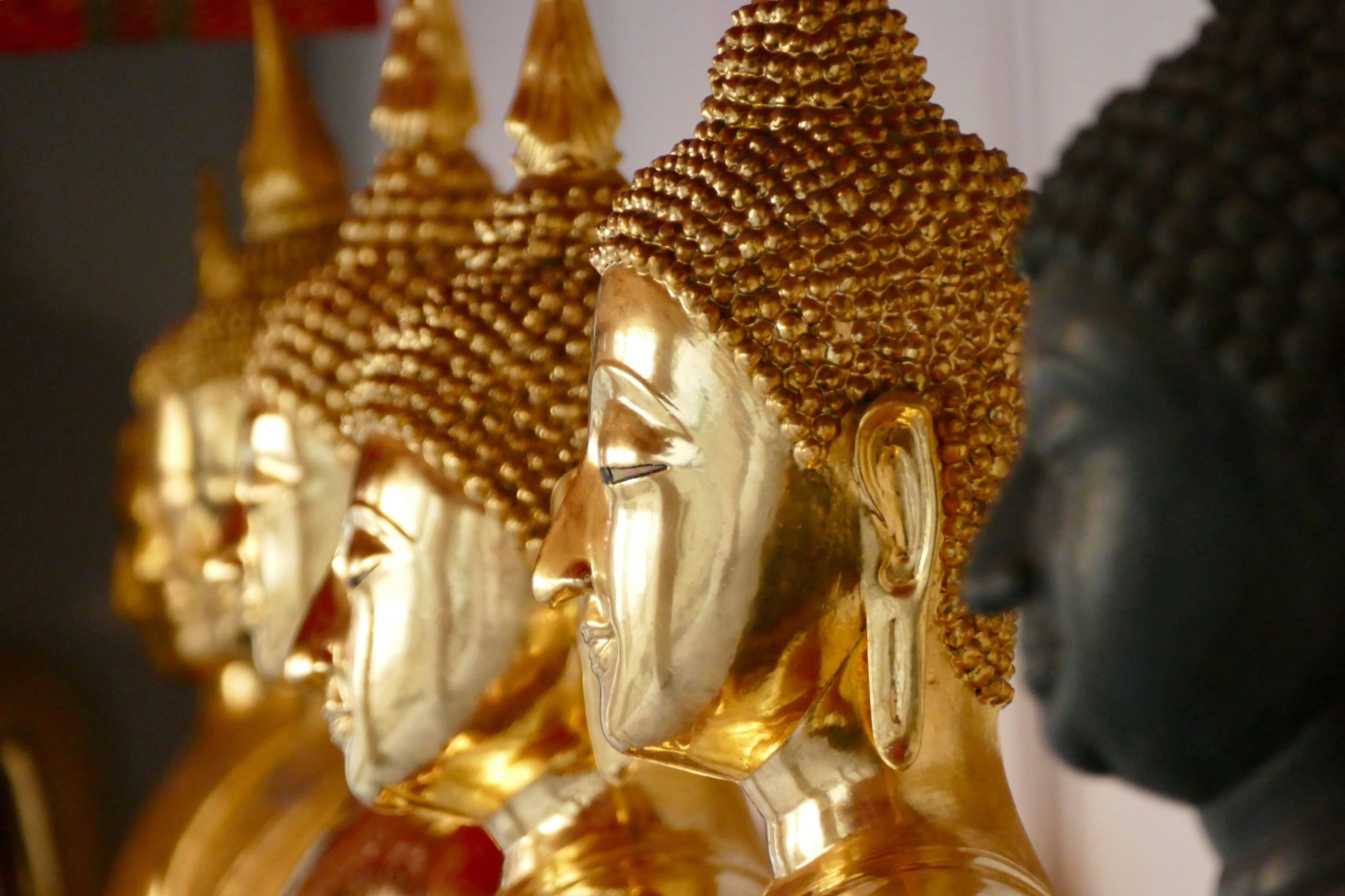 travel destinations, photography, buddhism, statue, temple complex, belief, 2K, ornate, gold colored, figurines, golden, architecture, place of worship, HD Wallpaper