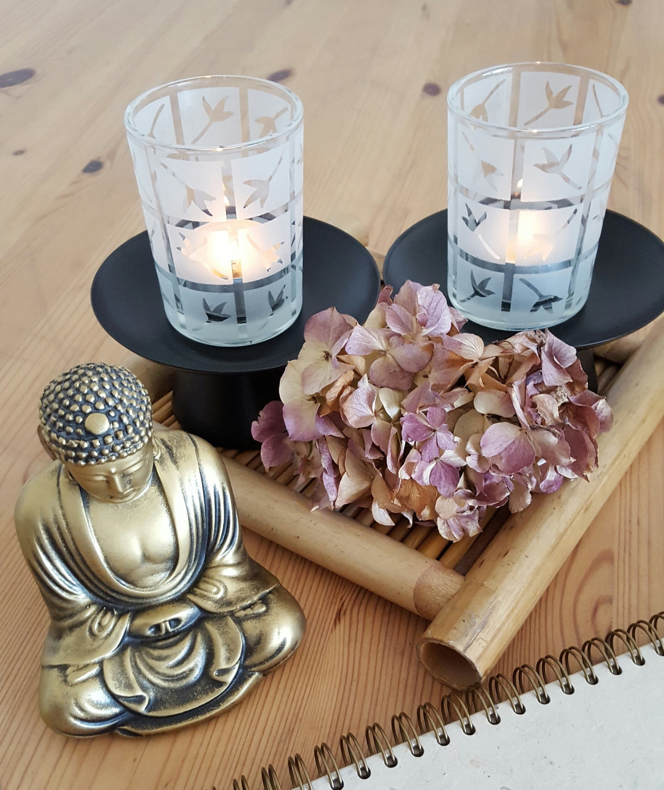buddhism, drinking glass, indoors, tea light, hydrangea, freshness, high angle view, art and craft, day, household equipment, creativity, close-up, burning, Phone HD Wallpaper