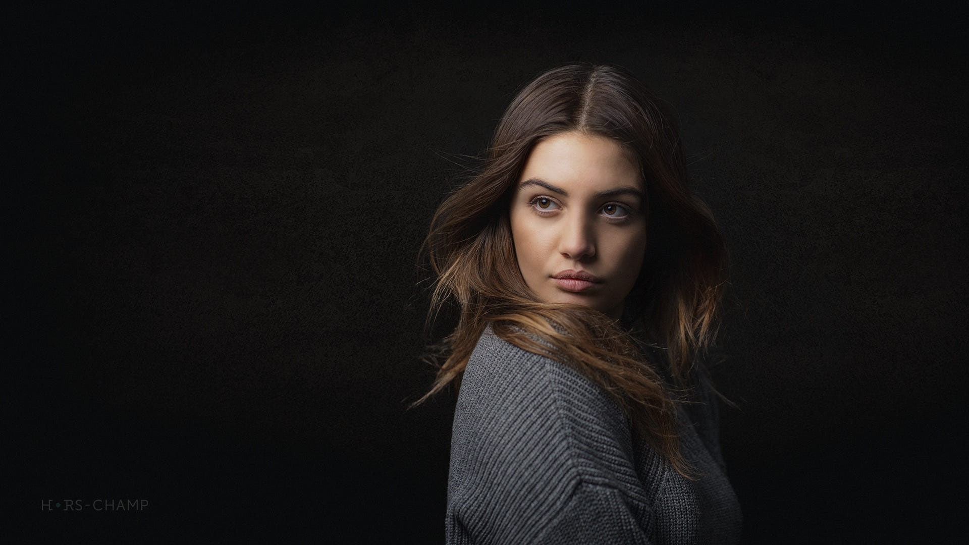 Pascal Magat, beautiful woman, long hair, teenager, clothing, 1080P, brown eyes, portrait, headshot, simple background, contemplation, beauty, turtleneck, HD Wallpaper
