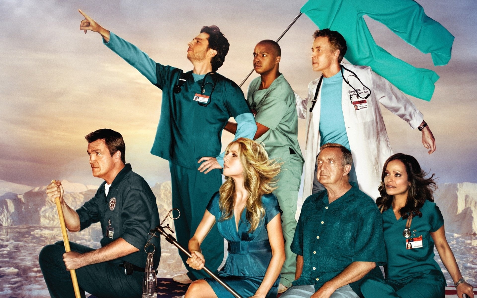 Neil Flynn, crowd, togetherness, young women, Judy Reyes, Bob Kelso, young men, Carla Espinosa, outdoors, Zach Braff, group, Janitor (Scrubs), standing, HD Wallpaper
