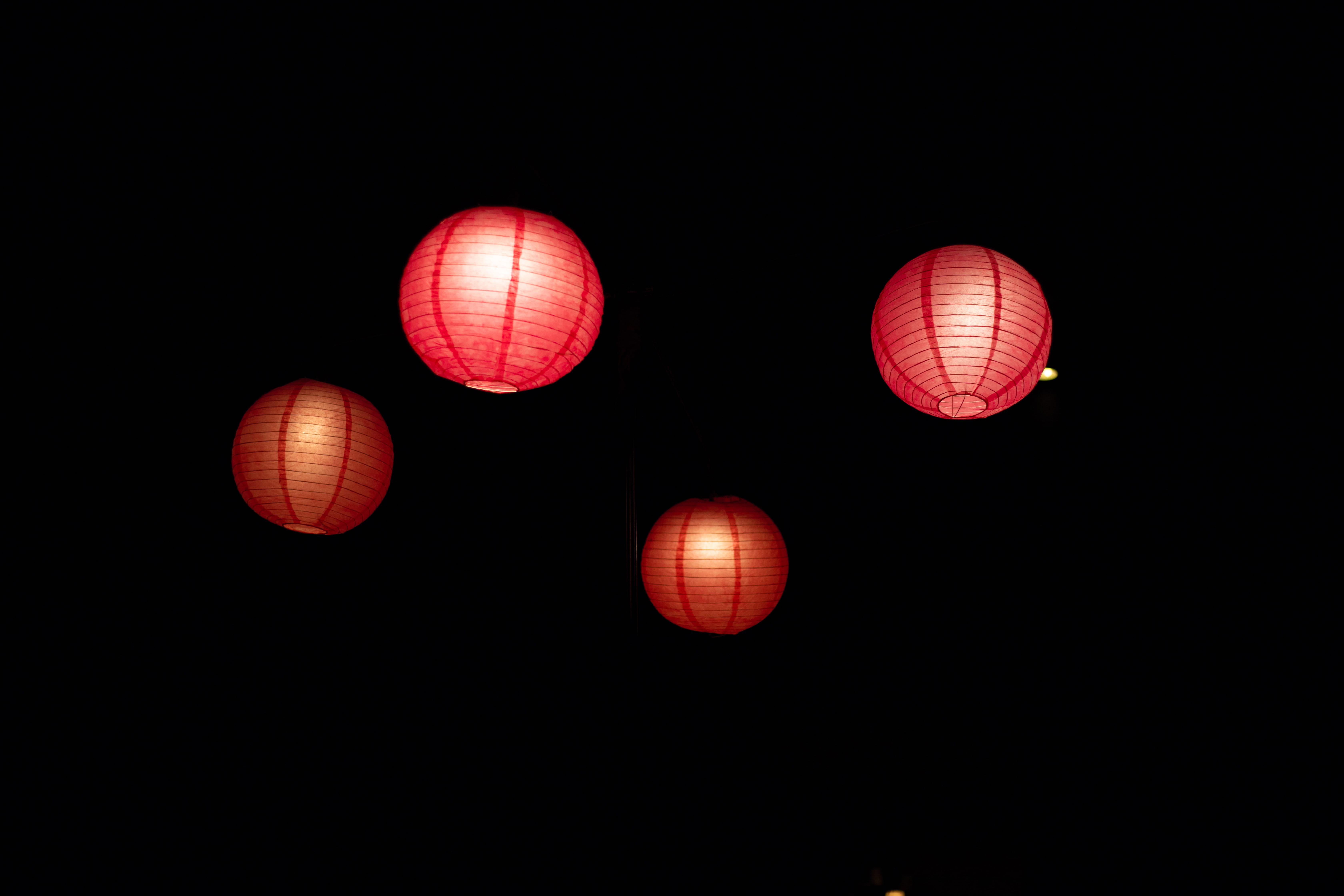 decoration, dark, glowing, electric Lamp, sky, 5K, red, lanterns, abstract, china - East Asia, chinese, paper Lantern, night, lantern, four, HD Wallpaper
