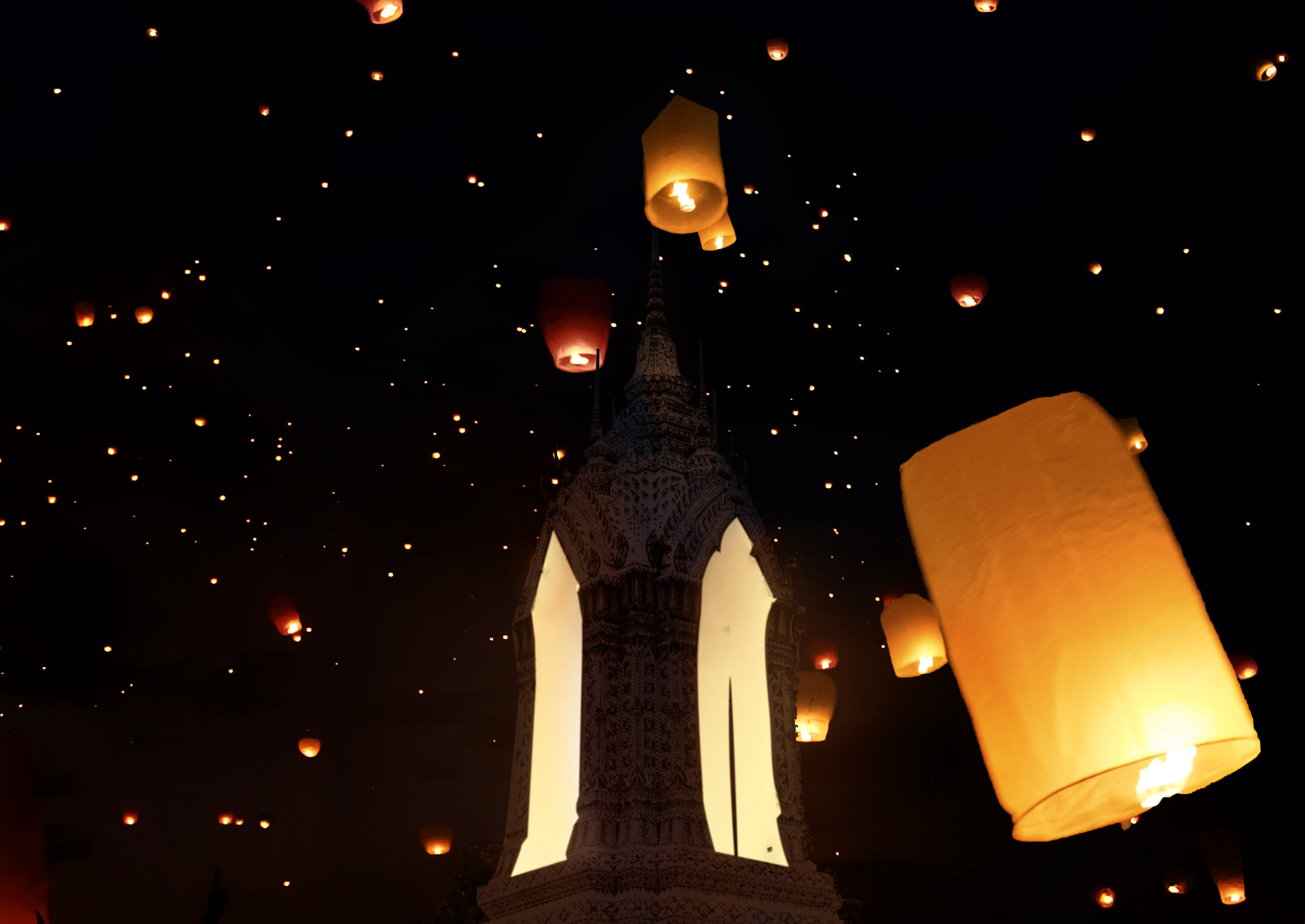 no people, dark, illuminated, outdoors, building, representation, 5K, air, tower, low angle view, floating, lantern, human representation, night, statue, HD Wallpaper