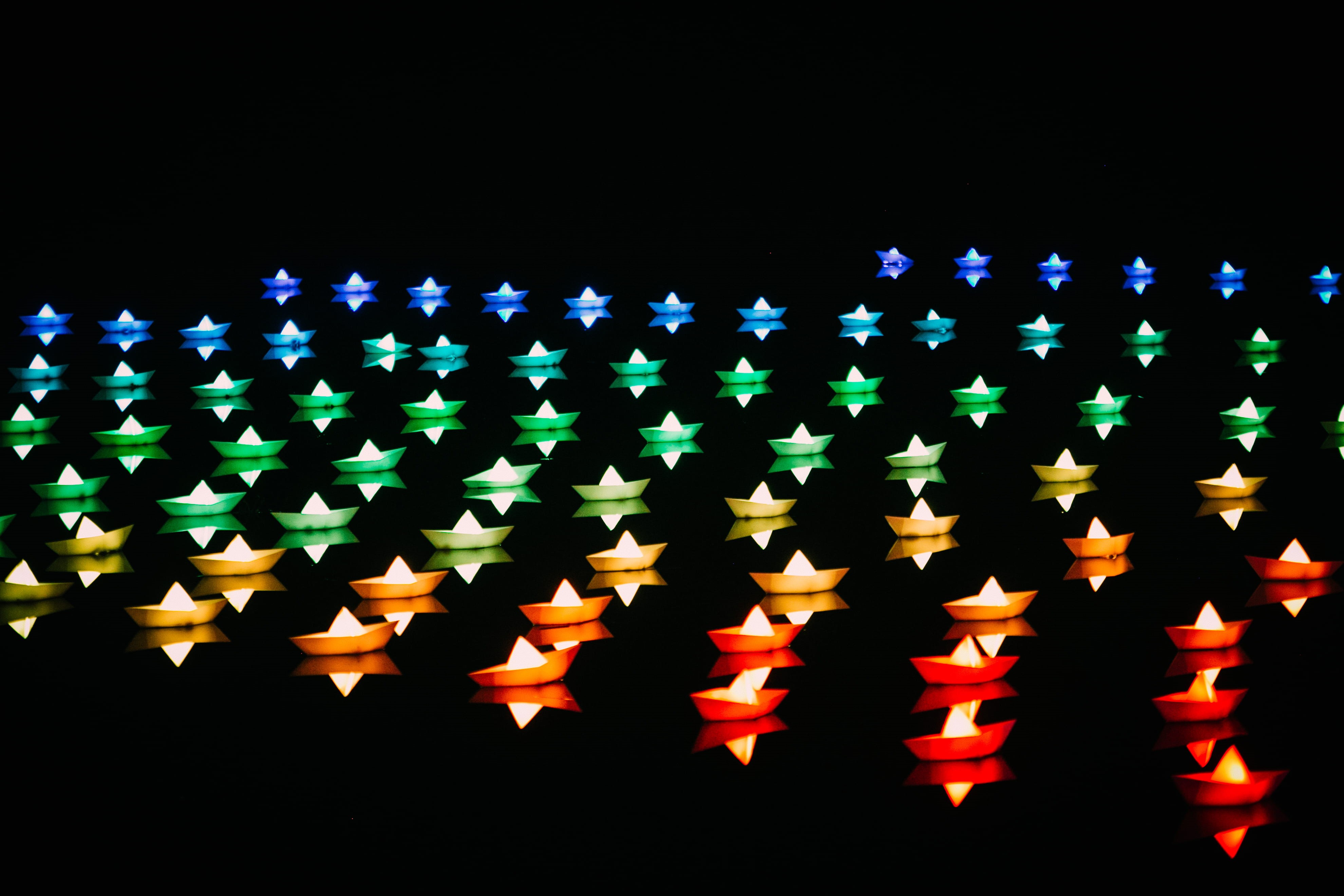 turned, decoration, boats, lantern, lighted, floating, studio shot, night, assorted, reflection, stars, burning, abundance, large group of objects, indoors, HD Wallpaper