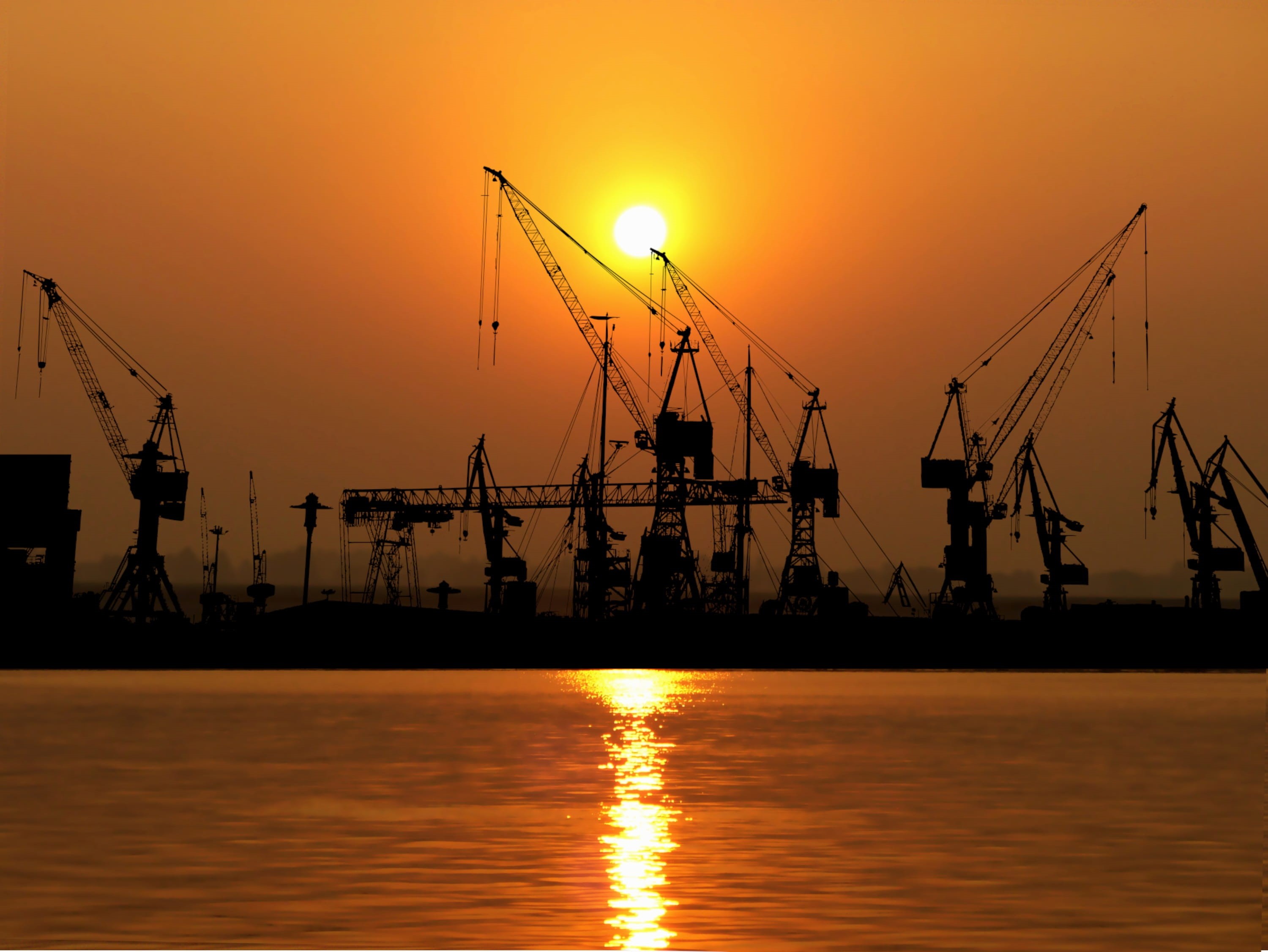 construction industry, water, pier, loading, sailboat, waterfront, commercial dock, orange color, freight, hamburg, crane - construction machinery, beauty in nature, HD Wallpaper