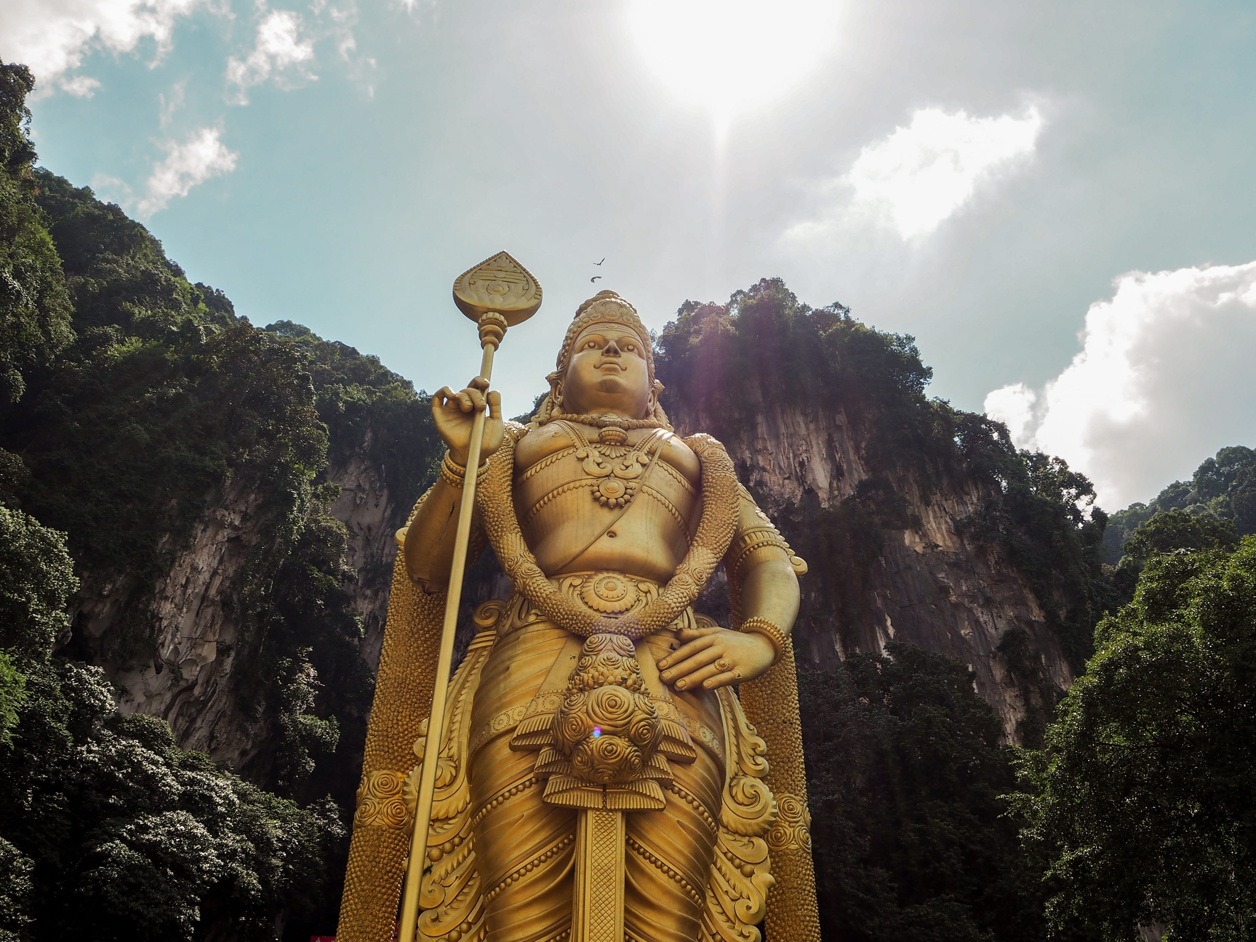 day, gold, sculpture, sun, belief, male likeness, love, clouds, apixtravel, no people, low angle view, place of worship, creativity, Batu Caves, Malaysia, HD Wallpaper