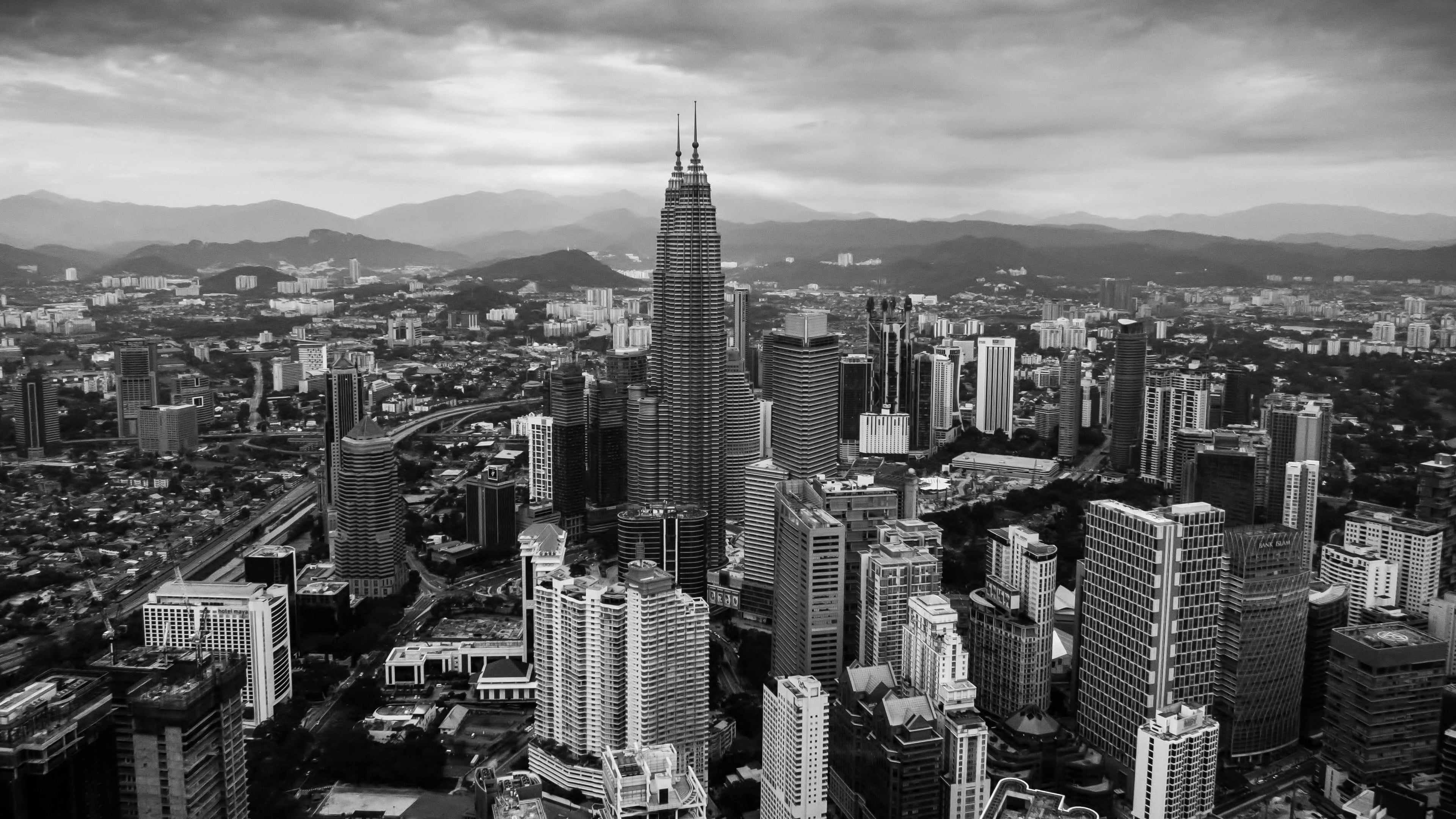 mountain, architecture, photo, modern, outdoors, office, Kuala Lumpur, cityscape, tall - high, 4K, spire, built structure, cloud - sky, skyscraper, building, HD Wallpaper