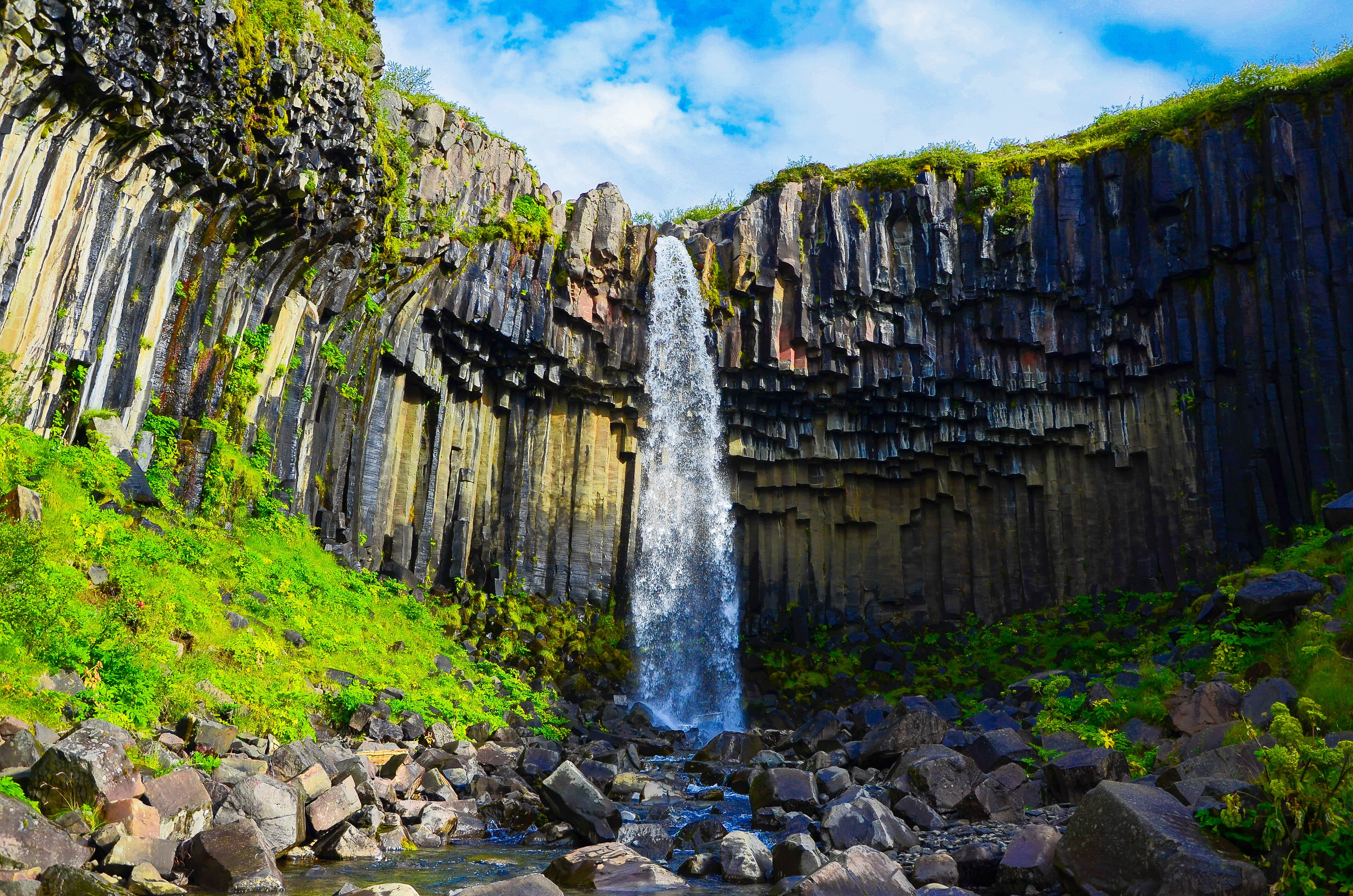 nikon  d5100, Skaftafell, water falls, sharp, Wasserfall, Hornafjörður, water, Vatnajökull  National  Park, green, Bach, Svartifoss, schwarzer, falls, southeast, HD Wallpaper