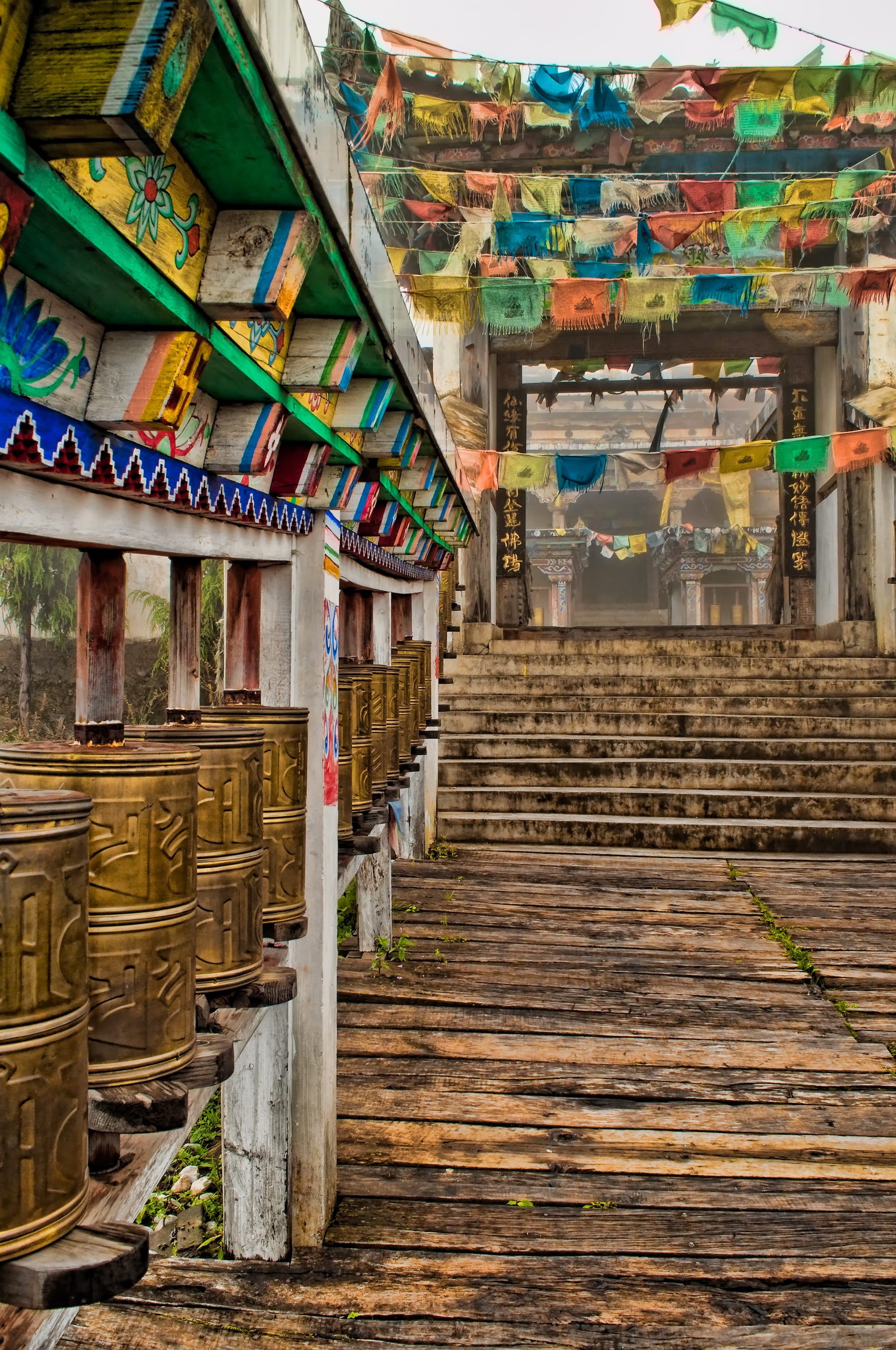 fog, direction, built structure, meditate, holy, lijiang, culture, flags, spirituality, copper, building, meditation, no people, leisure, building exterior, Phone HD Wallpaper