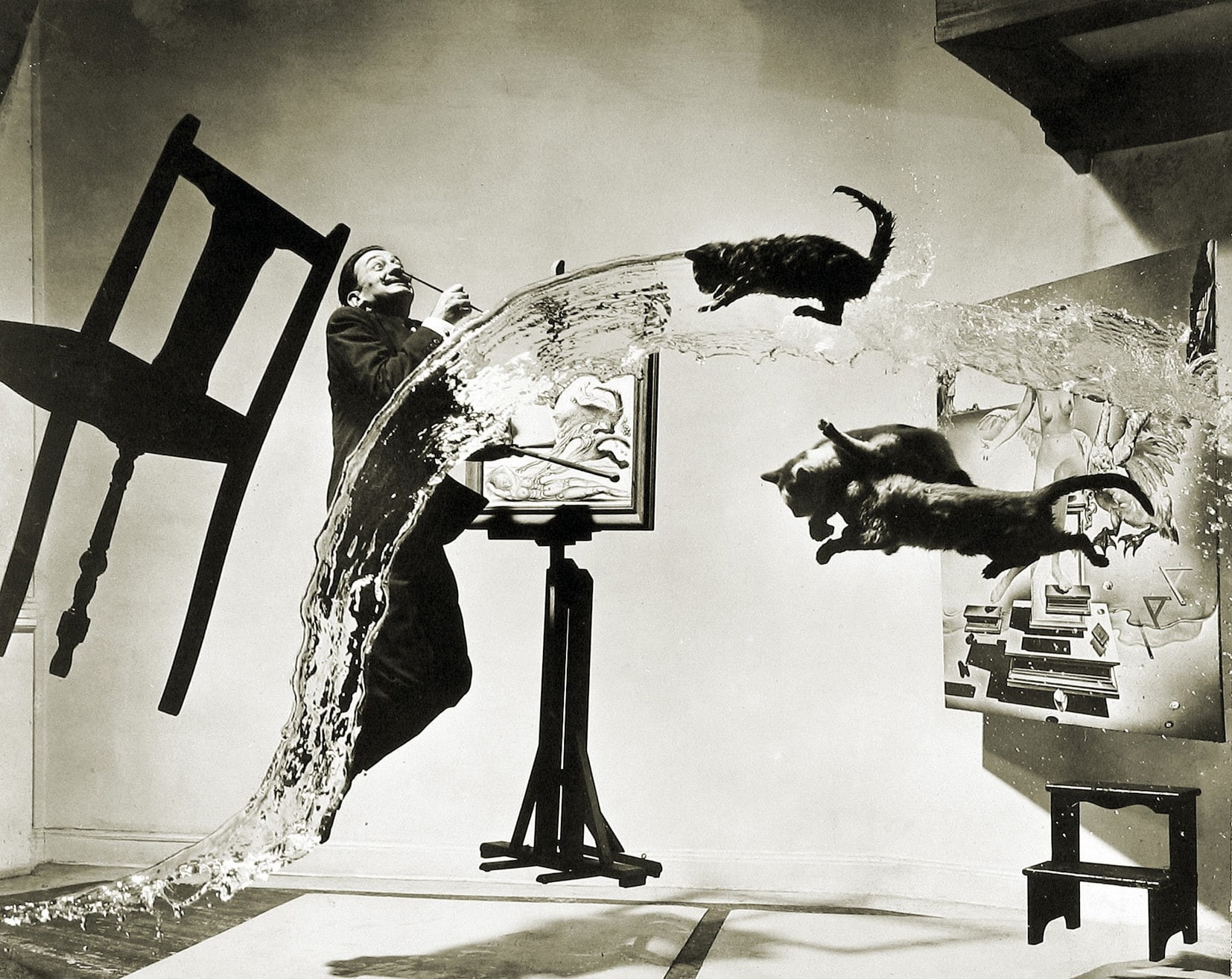 water, hd, paintings, nature, cats, salvador dalÃ­, dal, chairs, art, 720P, jumping, salvador, HD Wallpaper