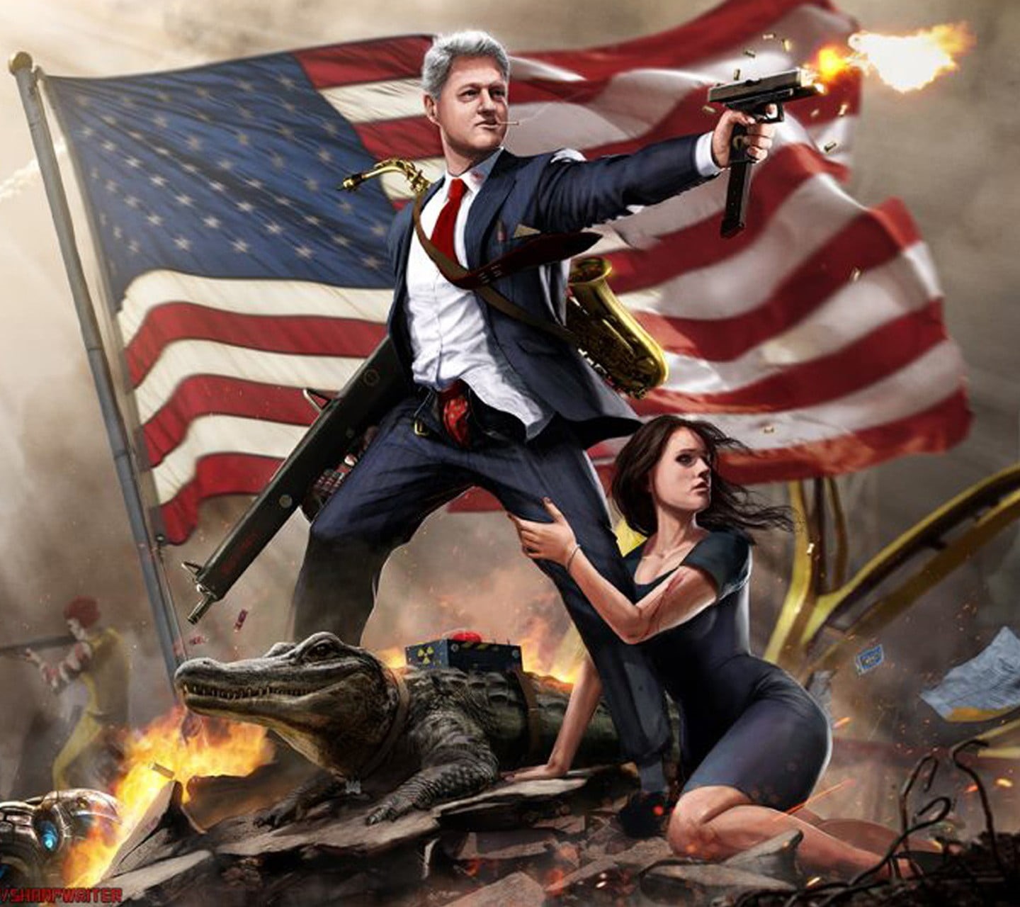 burning, fire, politics, Bill Clinton, 720P, adult, full length, USA, application, flame, emotion, people, smiling, men, crocodiles, game, graphic, HD Wallpaper