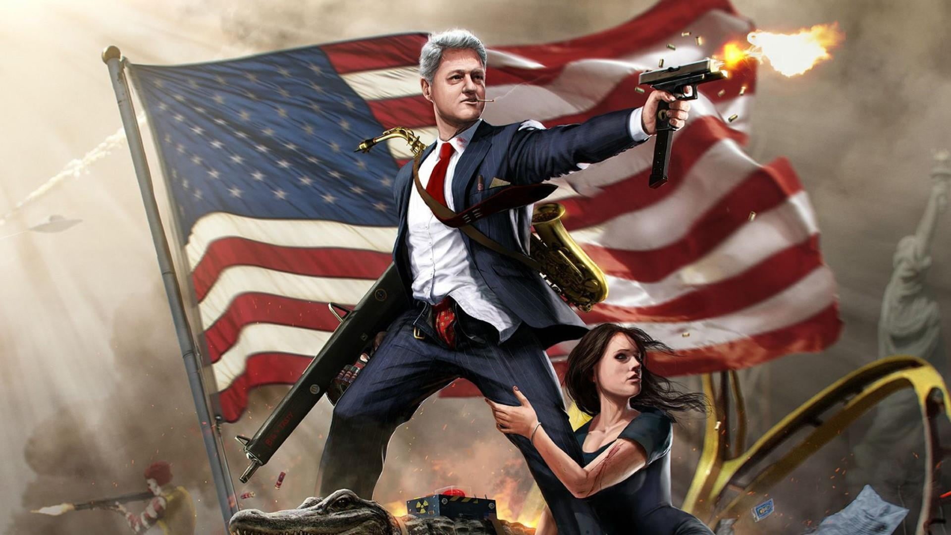 patriotism, motion, men, two people, funny, cheerful, emotion, happiness, 1080P, adult, bill clinton, smiling, flag, young adult, women, people, pride, HD Wallpaper
