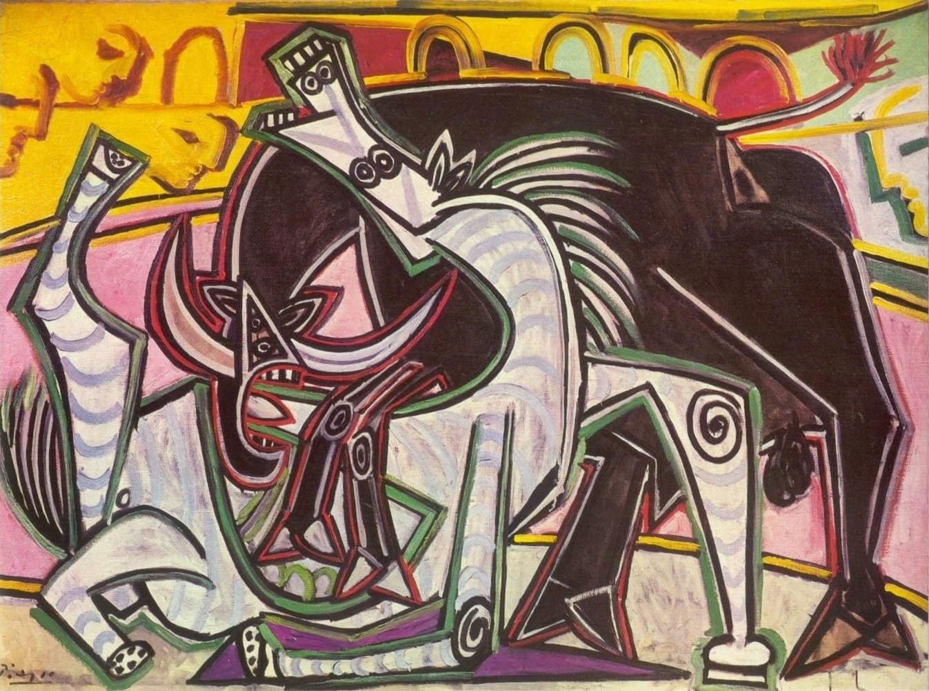 traditional, pablo, picasso, spanish, corrida, 720P, x, hd, art, horses, bull, animals, arena, artwork, HD Wallpaper