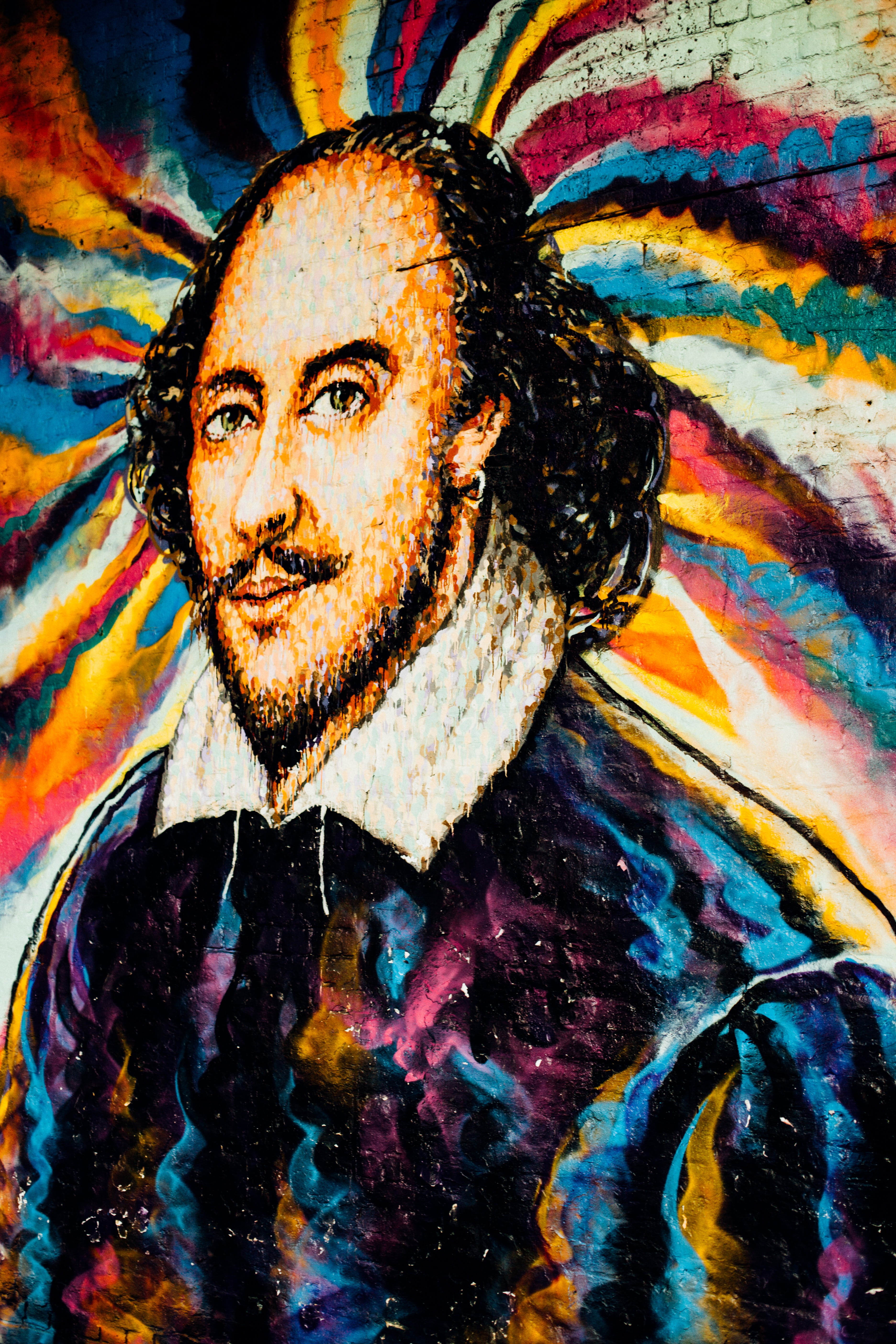 hairstyle, real people, smiling, street art, wall, close-up, william shakespeare, mid adult, globe theatre, multi colored, street photography, london, southbank, Phone HD Wallpaper