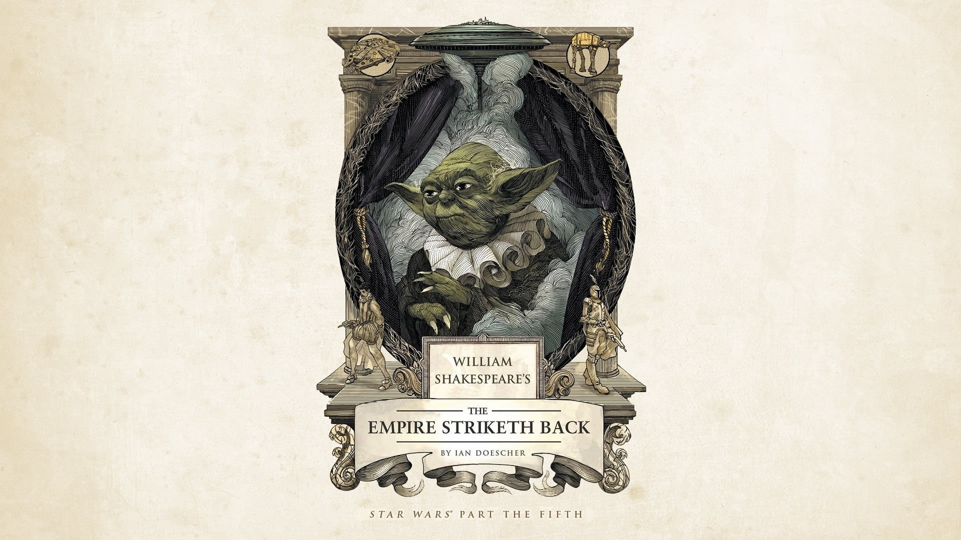 fantasy, William Shakespeare, Boba Feet, film, sci-fi, Empire Striketh Back, courtier, simple background, tragedy, theater, Star Wars, curtains, movie, HD Wallpaper