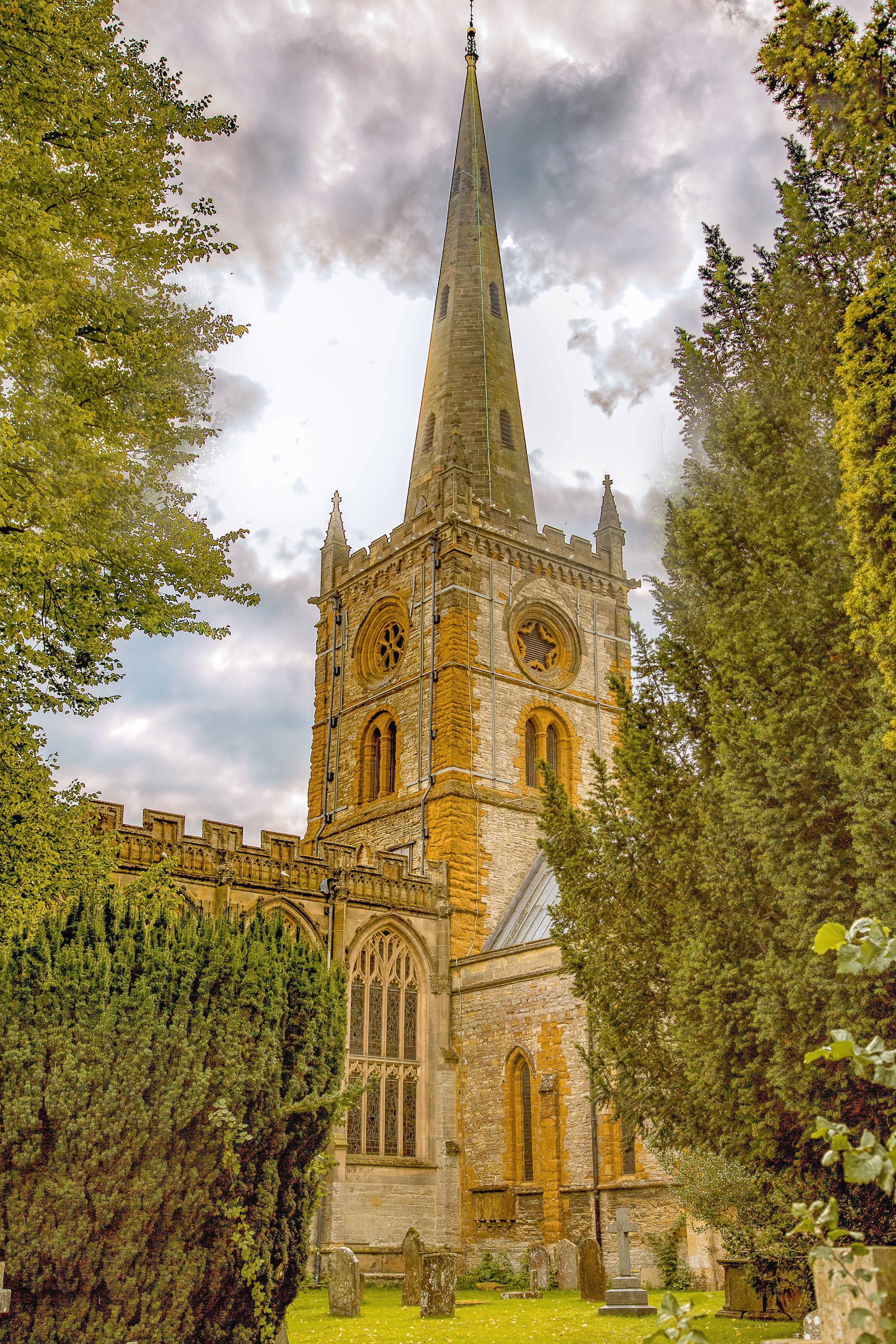 spirituality, cathedral, scene, europe, famous, plant, stratford upon avon, graves, tourism, gothic Style, building, tree, uk, building exterior, low angle view, Phone HD Wallpaper