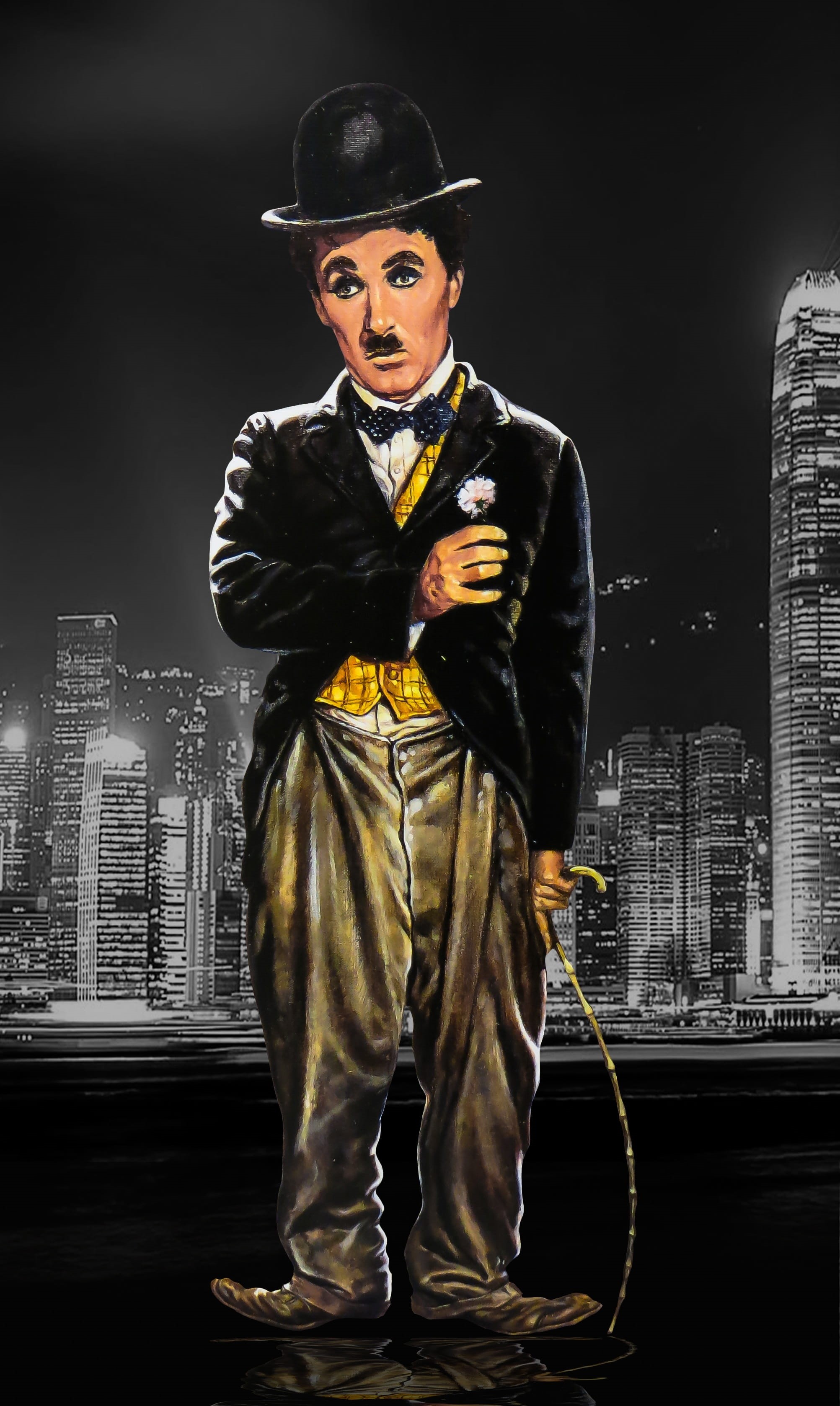 portrait, comedy, comedian, outdoors, painting, building, clothing, building exterior, built structure, front view, young men, chaplin, cityscape, charlie, Phone HD Wallpaper