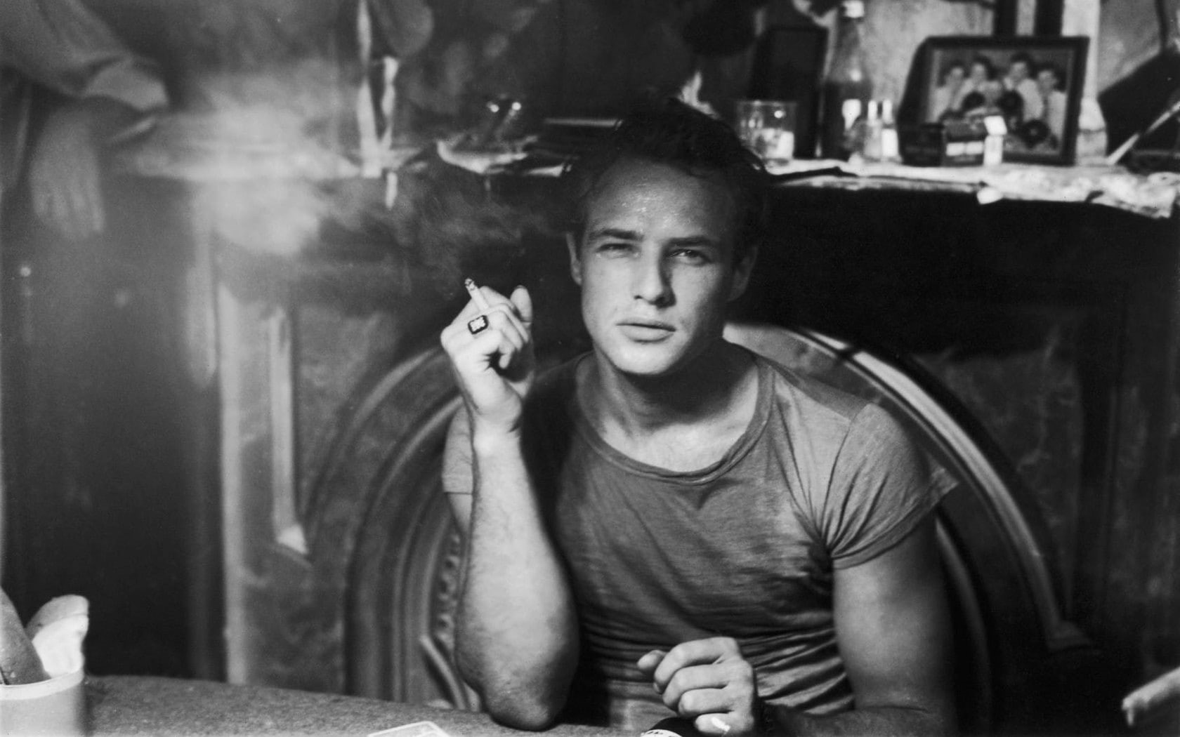 portrait, waist up, teenager, adult, marlon brando, sitting, headshot, front view, table, young men, young adult, indoors, hairstyle, 720P, looking at camera, HD Wallpaper
