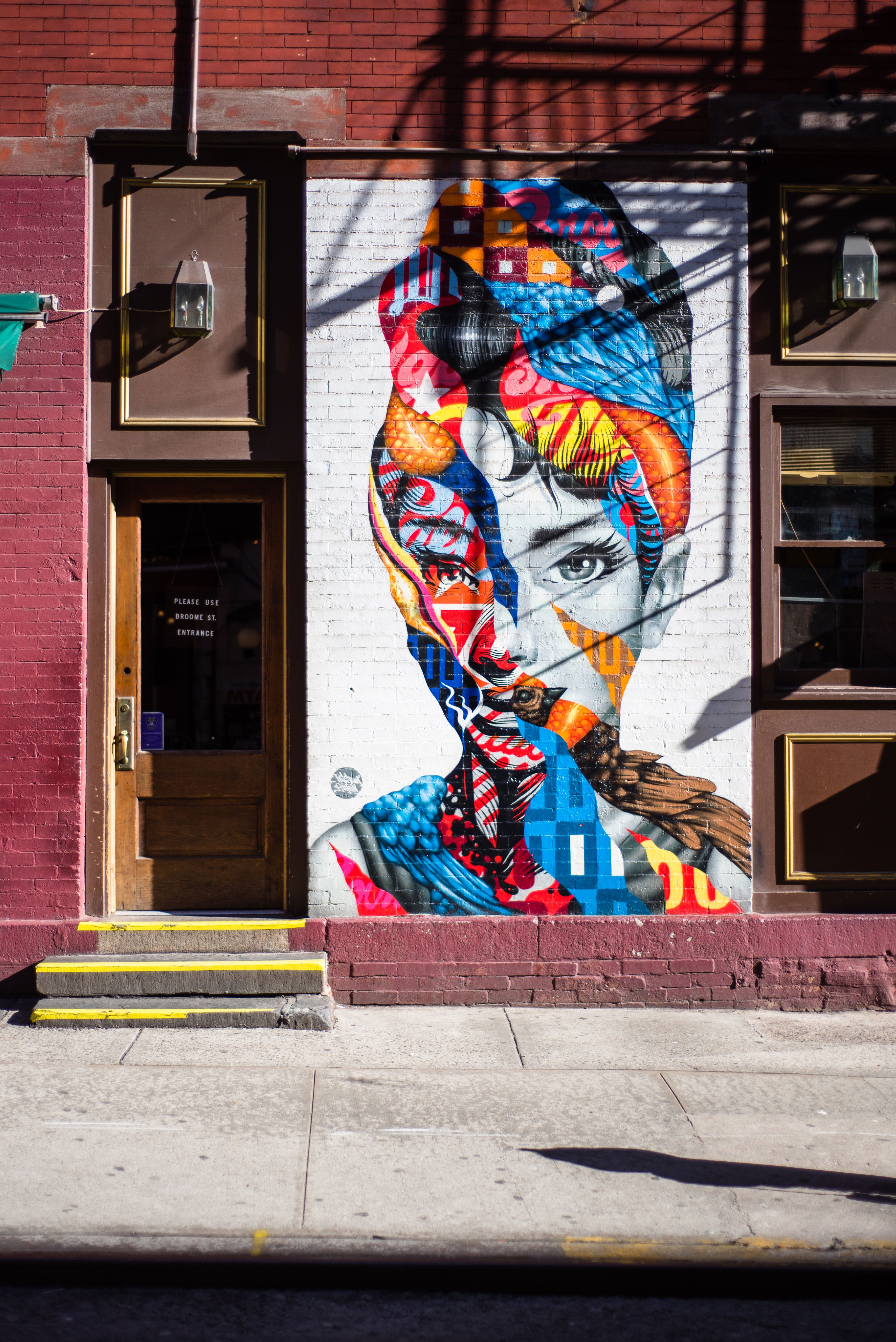 building, no people, audrey, grafitti, built structure, street, art, building exterior, audrey hepburn, beside, window, assorted, color, street art, human representation, Phone HD Wallpaper