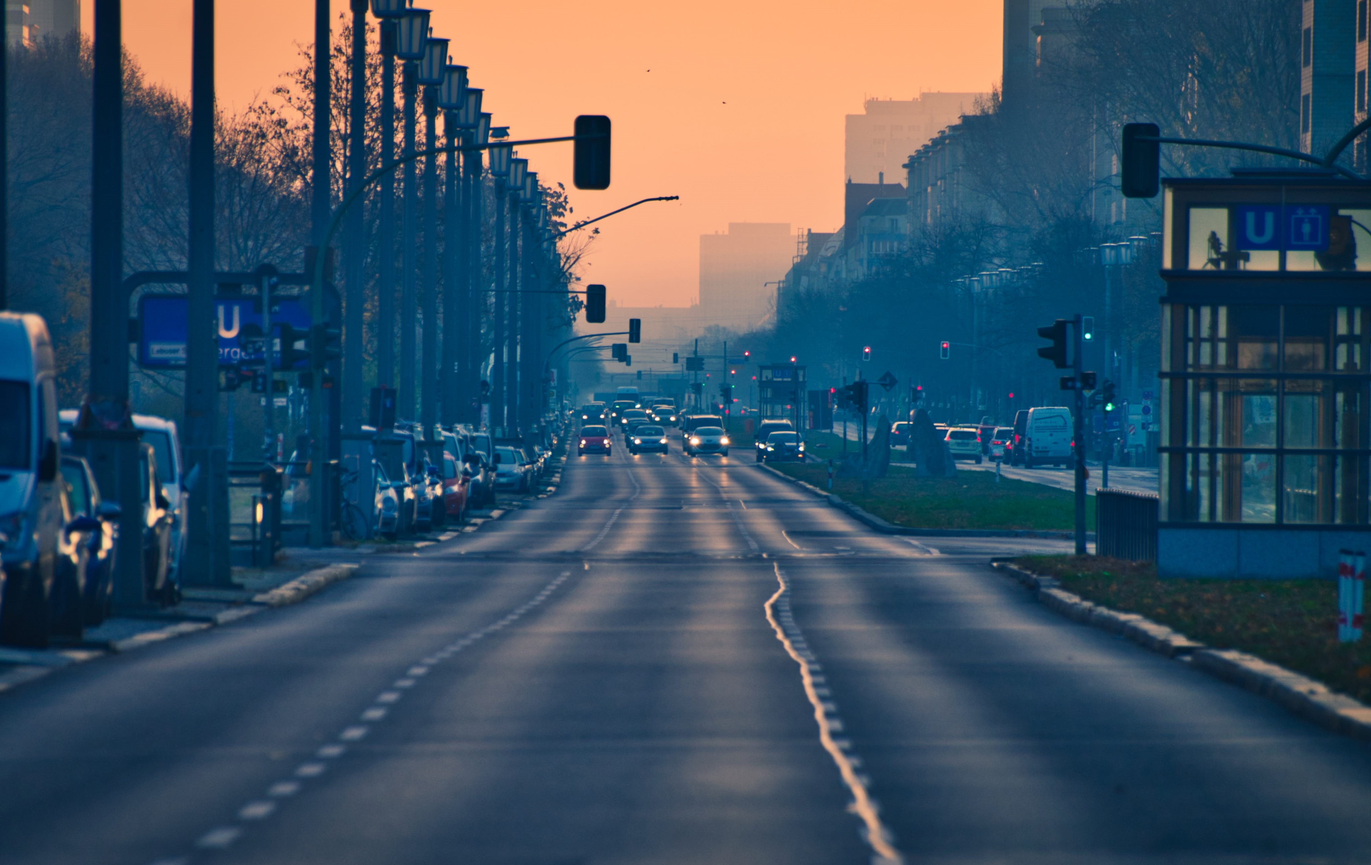 architecture, karl marx allee, sign, cityscape, asphalt, city, mode of transportation, car, sky, residential district, 4K, outdoors, motor vehicle, building exterior, HD Wallpaper