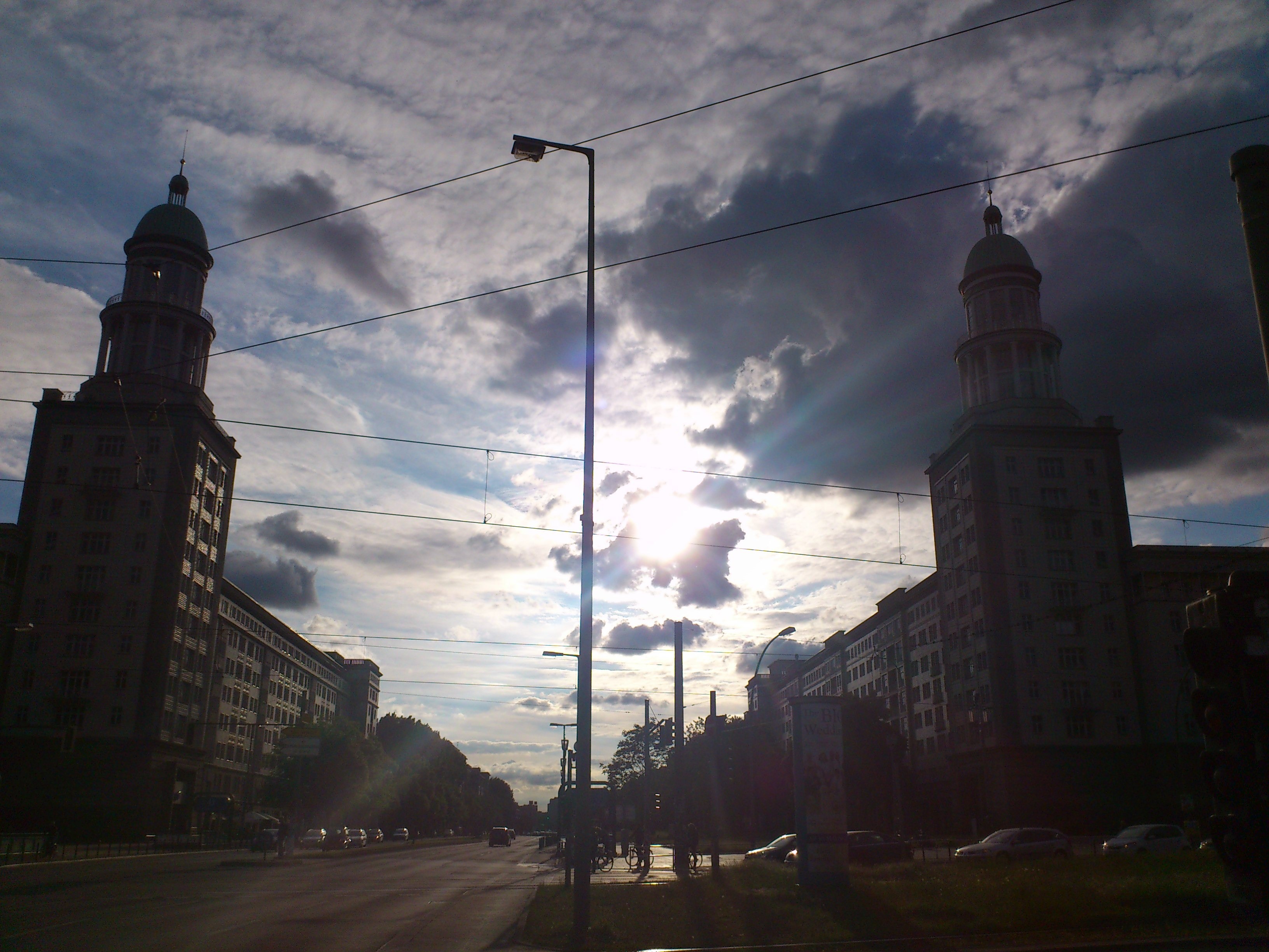 built structure, sky, electricity, mode of transportation, motor vehicle, capital, cloud - sky, karl marx allee, car, architecture, ex gdr, city, nature, HD Wallpaper